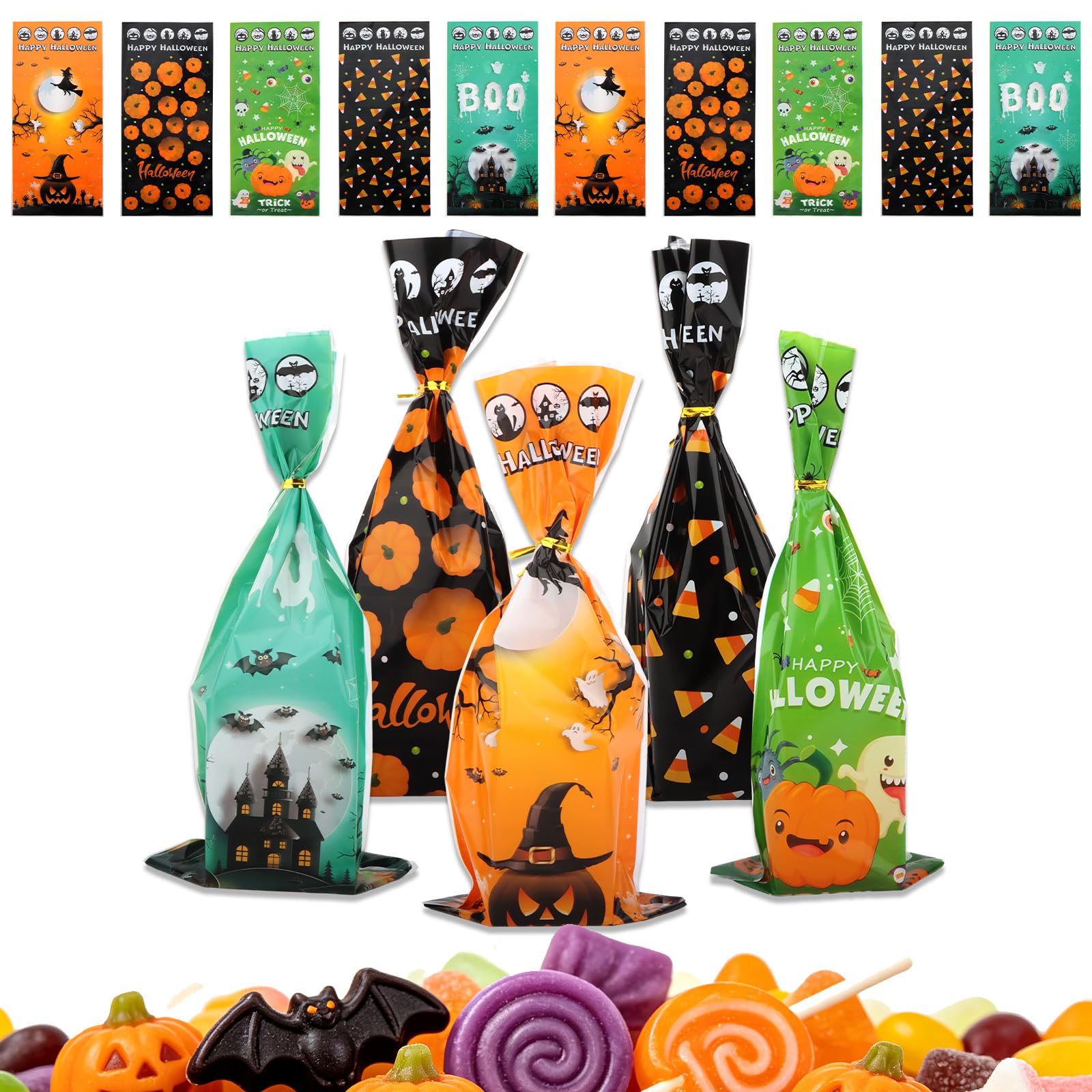 Oblihumoy 100Pcs Halloween Cellophane Bags with 120pcs Twist Ties