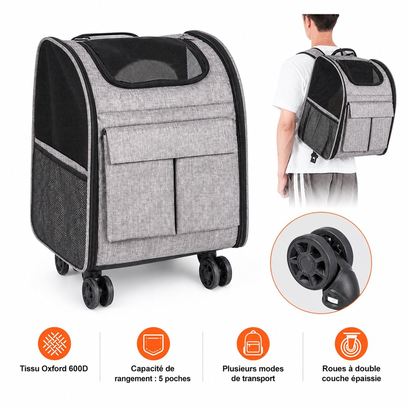 Sac de Transport à roulettes pour Chat et Chien jusqu'à 8,1 kg, Gris, avec poignée télescopique, bandoulière et gamelle Pliable