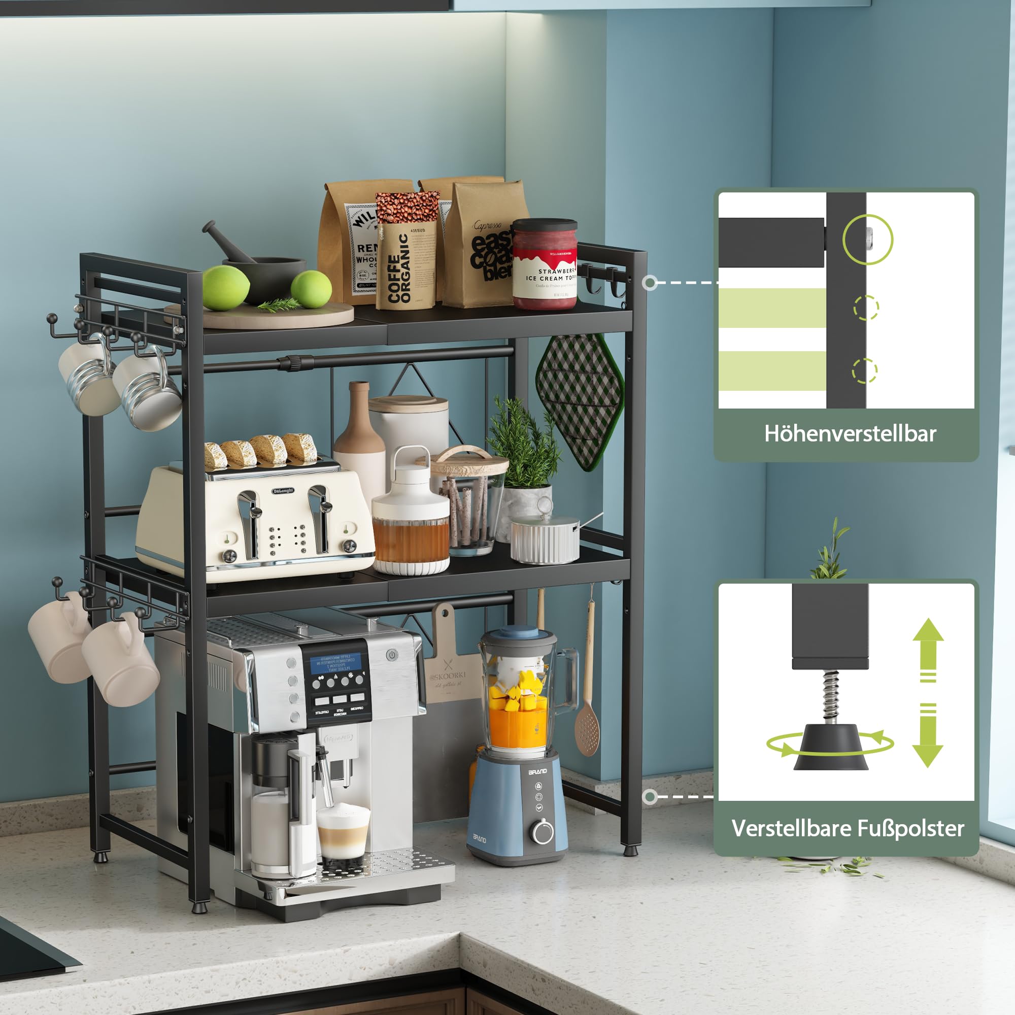 NETEL Verstellbares Mikrowellen Regal 3-stufig, Regal über mikrowelle, küchenregal stehend für arbeitsplatte,Bäckerregale, küchenregal mit 2 Getränkehalter,schwarz, Ausziehbar 40-64cm
