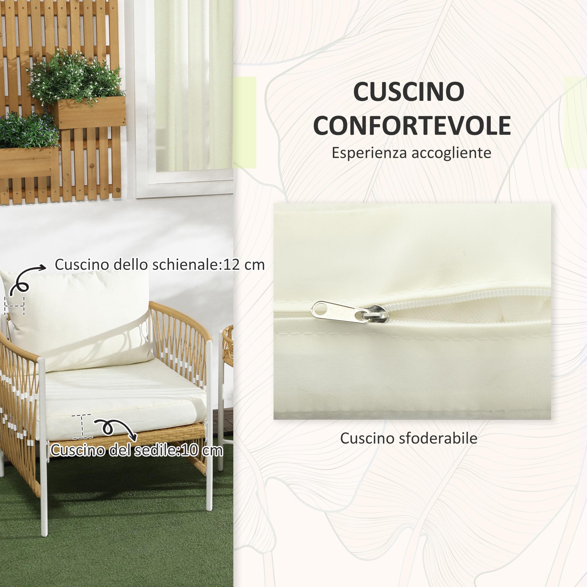 Outsunny Set da Giardino 3 Pezzi in Rattan Stile Boho, Set 2 Sedie da Giardino con Cuscini Sfoderabili e Tavolino da Esterno Rotondo, Giallo