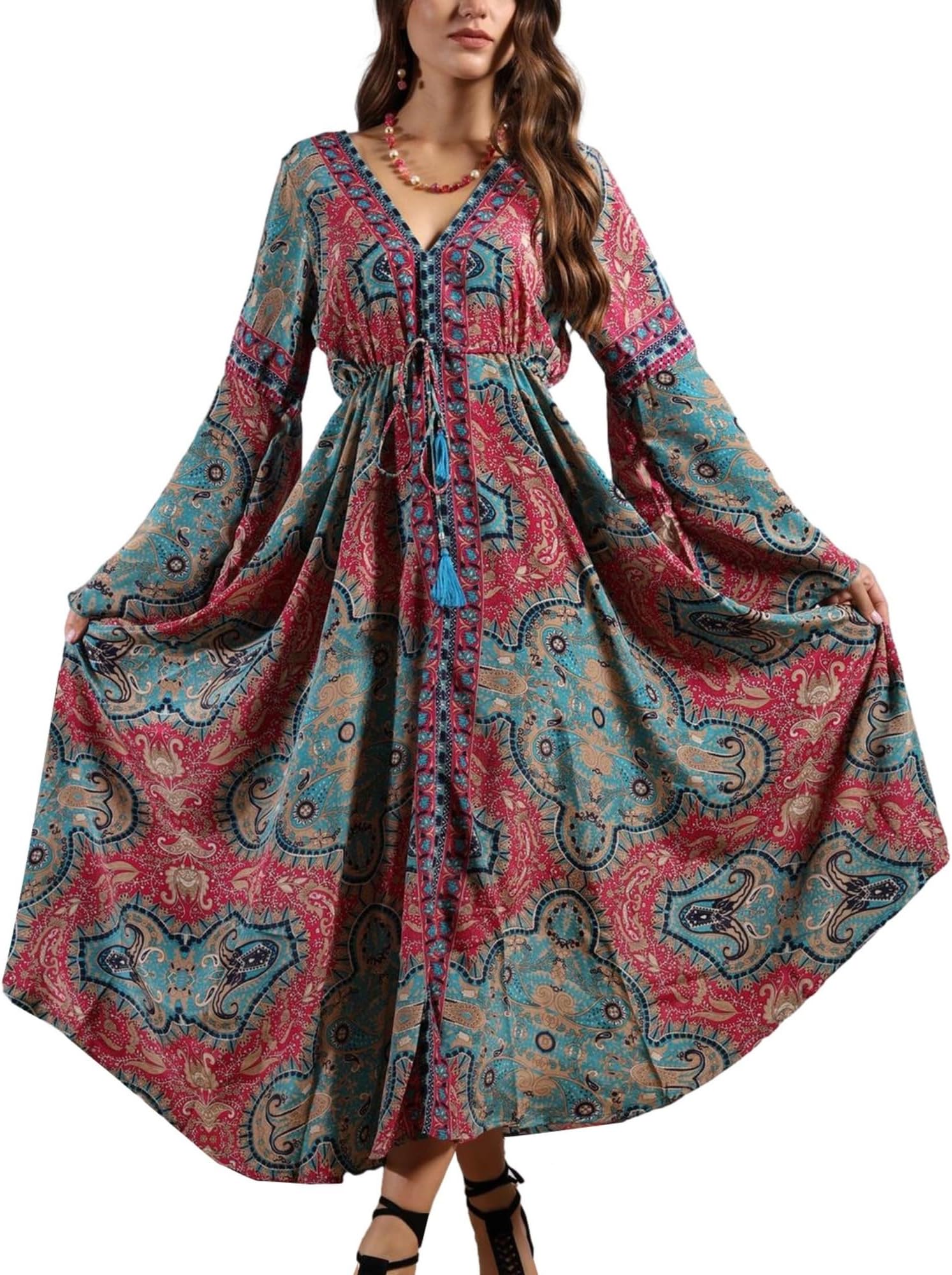 KE KANHA EXPORTS Long Dress for Woman | Boho Maxi Beach Wear Dress for Women | Soft Silky Fabric Border Print with Tassel Tie |Free Size |Size S-M-L