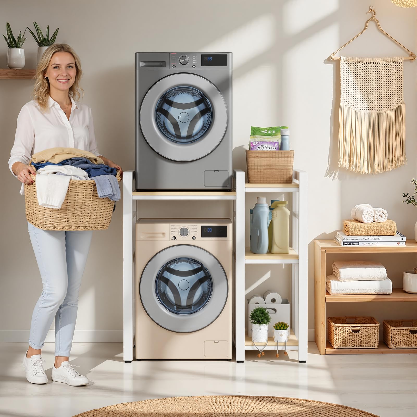 Washer Dryer Stacking Rack for Laundry Room and Bathroom, Heavy Duty Over Washer Dryer Shelves, 3 Height Adjustable, 300KG Capacity, Washing Machine Stand for Saving Space White