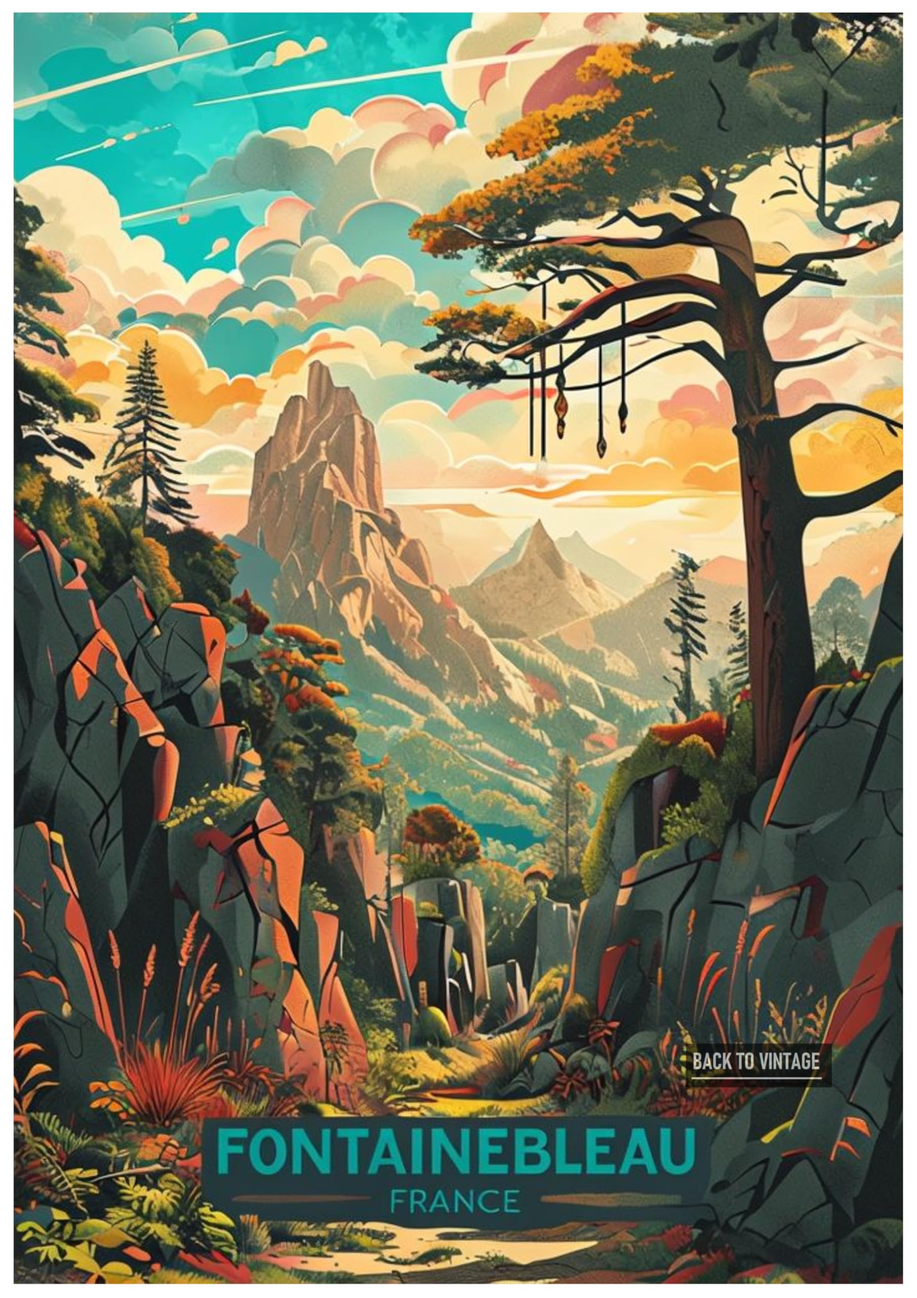 Vintage Travel Poster Illustration Of Fontainebleau Landscape - Retro Europe Travel Poster A4 Size Vintage Wall Art Print of Famous European Destinations Ideal for Home or Office Decor