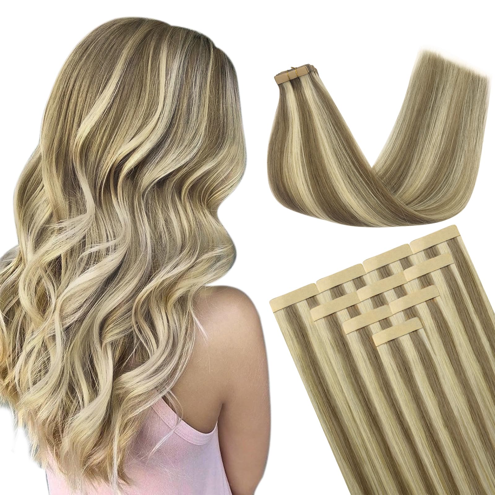 DOORES Tape in Human Hair Extensions, Light Brown Highlighted Medium Blonde 22 Inch 30g 10pcs, Remy Straight