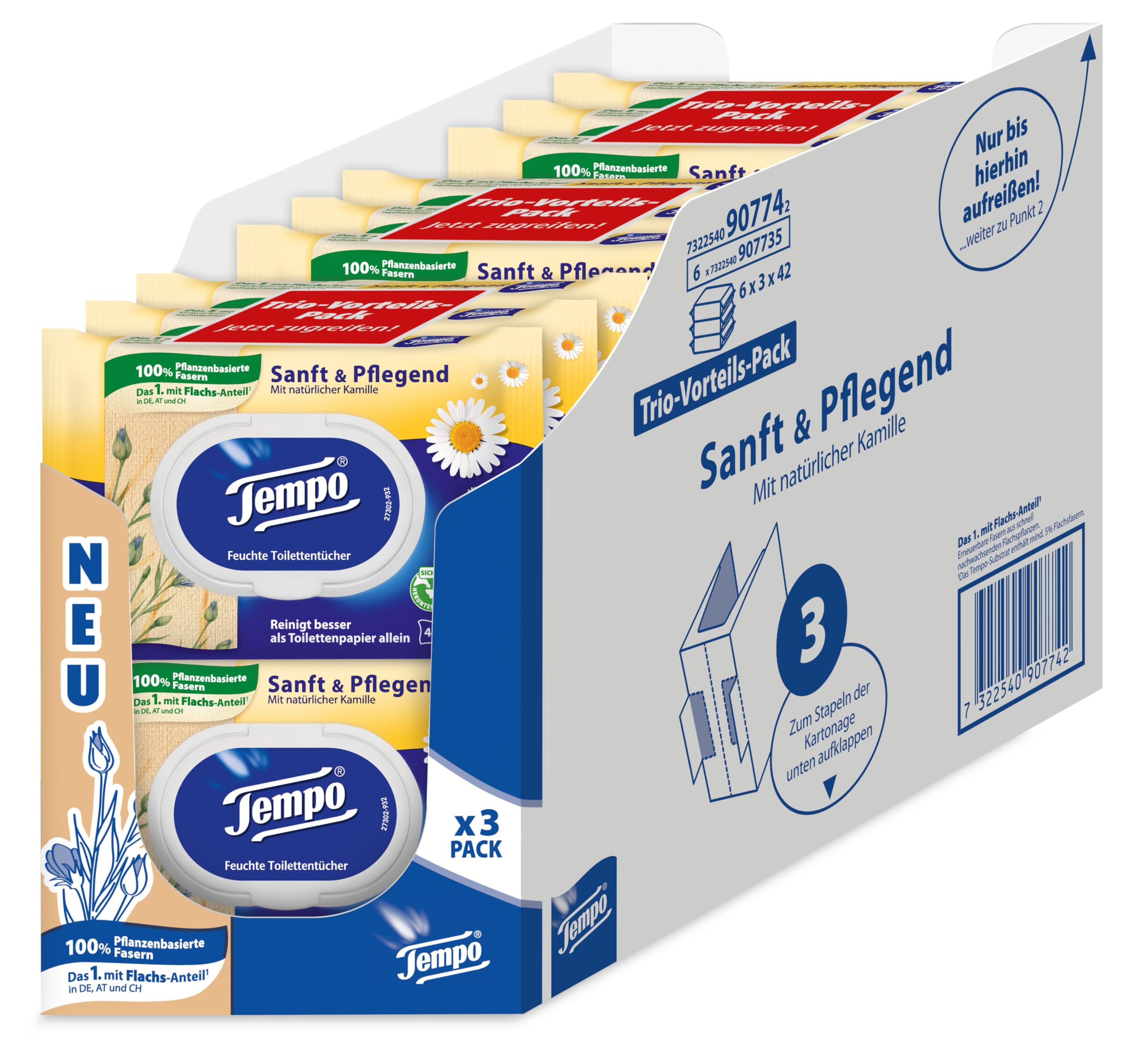 Tempo Toilettenpapier feucht Tempo Sanft Pflegend Trio-Pack (18 (6 x 3) Packungen x je 42 Blatt), Großpackung, 1 kg