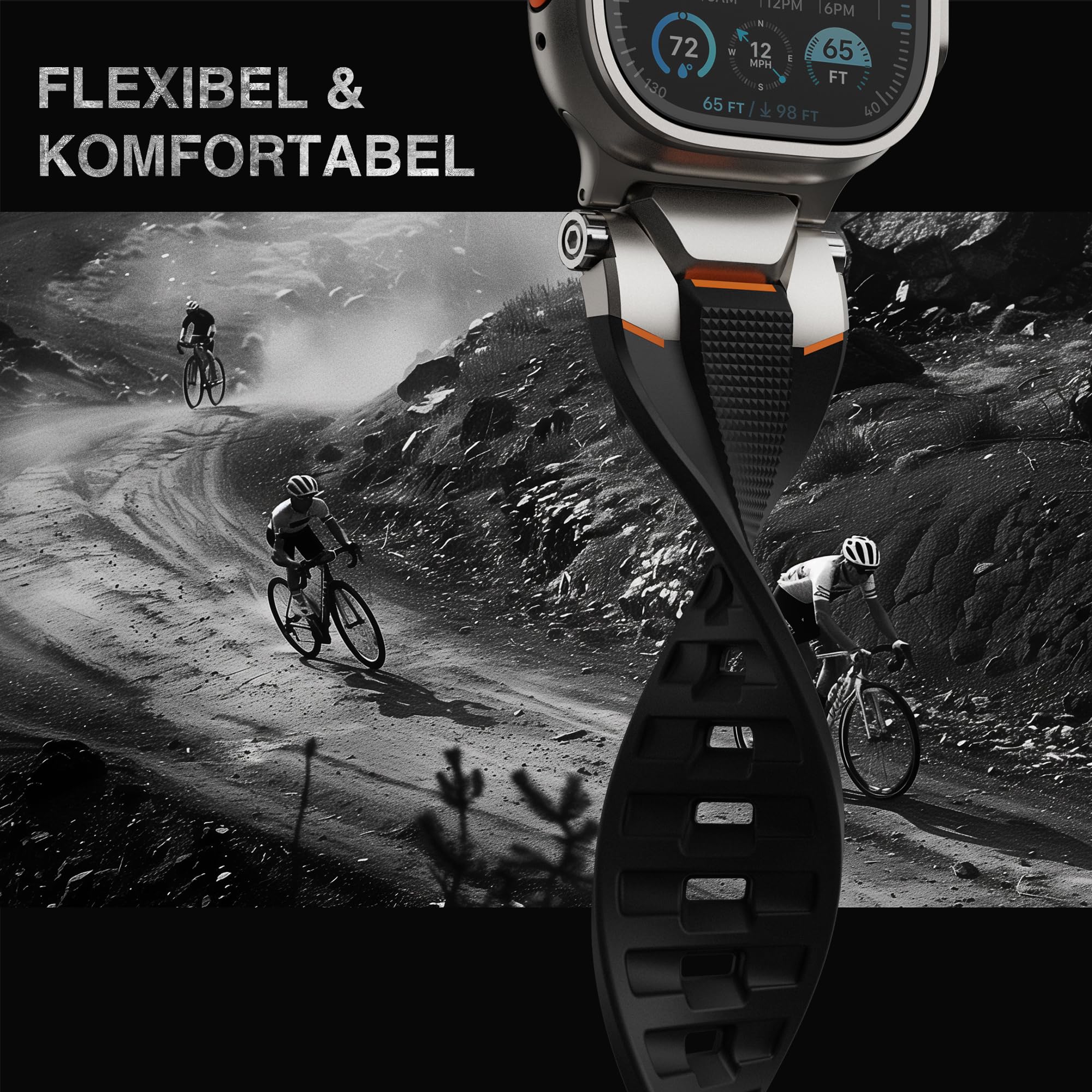 ULTIMAL Armband kompatibel mit Apple Watch Ultra 3/2/1 (49mm), Series 11/10/9/8/7/6/5/4 SE (46mm/45mm/44mm), Taktisches Herren-Armband, Robustes TPU Sportarmband, Wasserdicht, 155-225m Schwarz+Silber