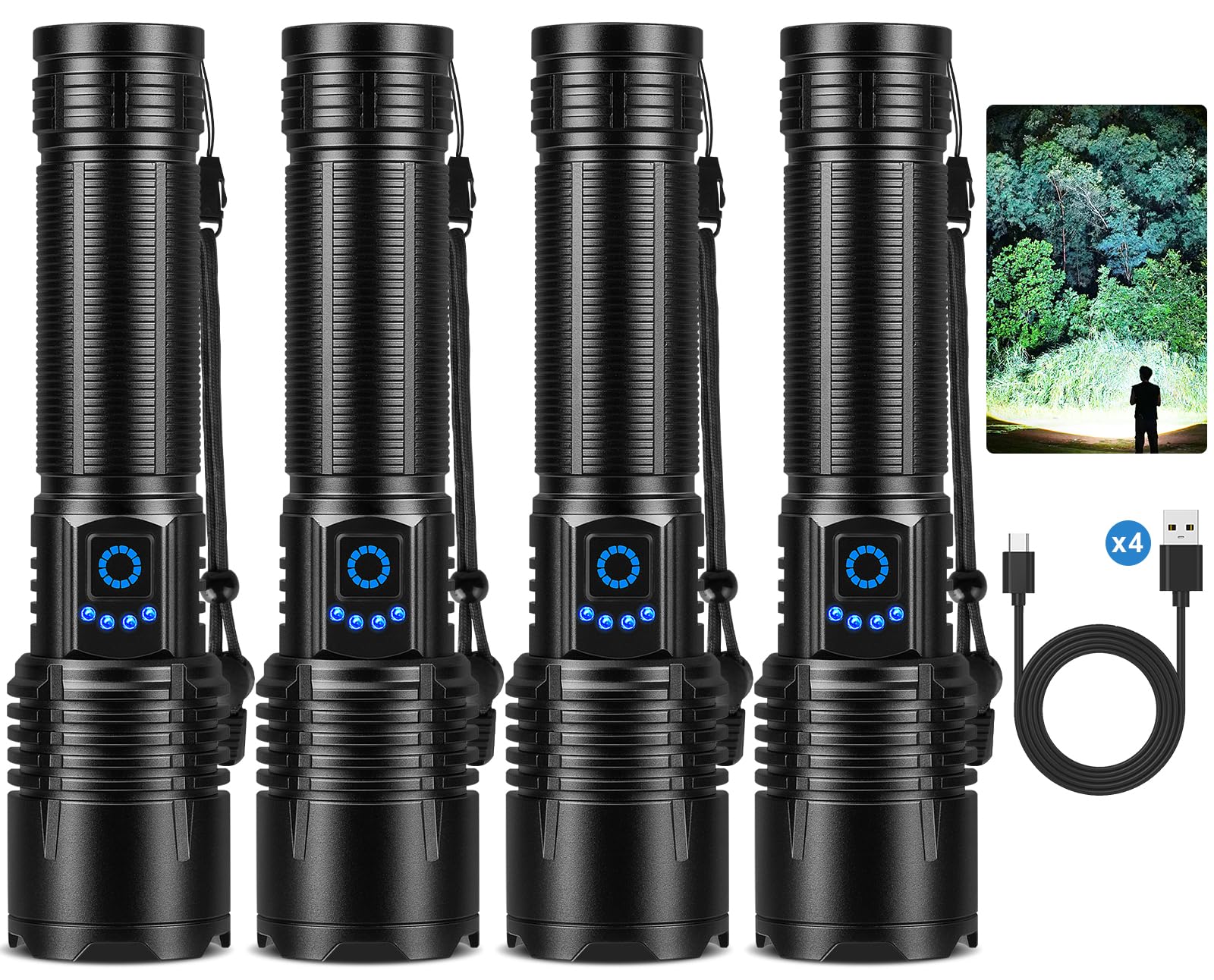 Lot de 4 lampes de poche rechargeables haute luminosité, 99 000 lumens, super lumineuses, 5 modes réglables, puissantes, pour la maison, le camping, la randonnée