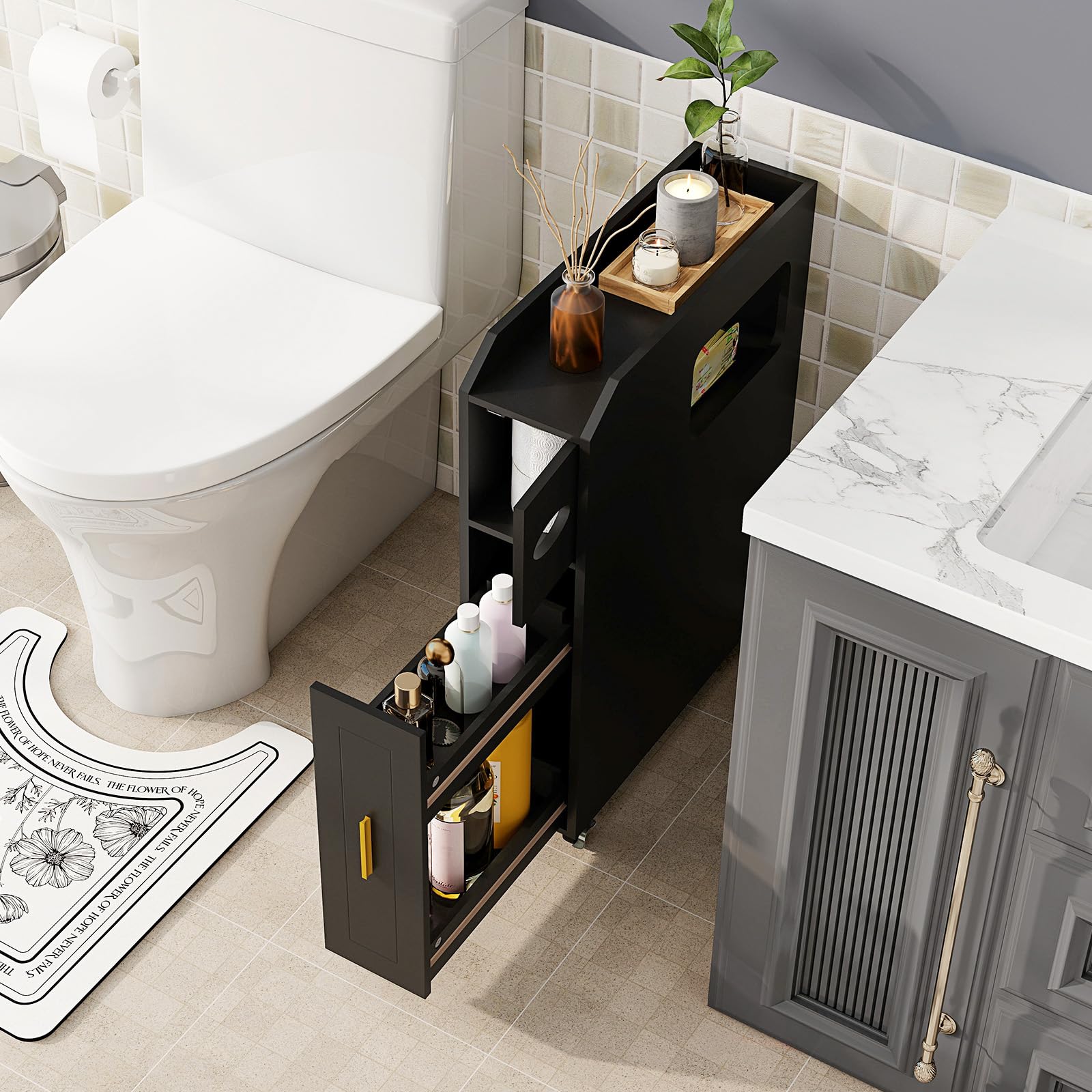 COSTWAY Armario Auxiliar de Baño con Ruedas Bloqueables, Mueble de Baño Estrecho con Cajón Deslizante, Caja de Pañuelos, Soporte para Cepillo de Inodoro para Cocina Salón, 50 x 16 x 69 cm (Negro)