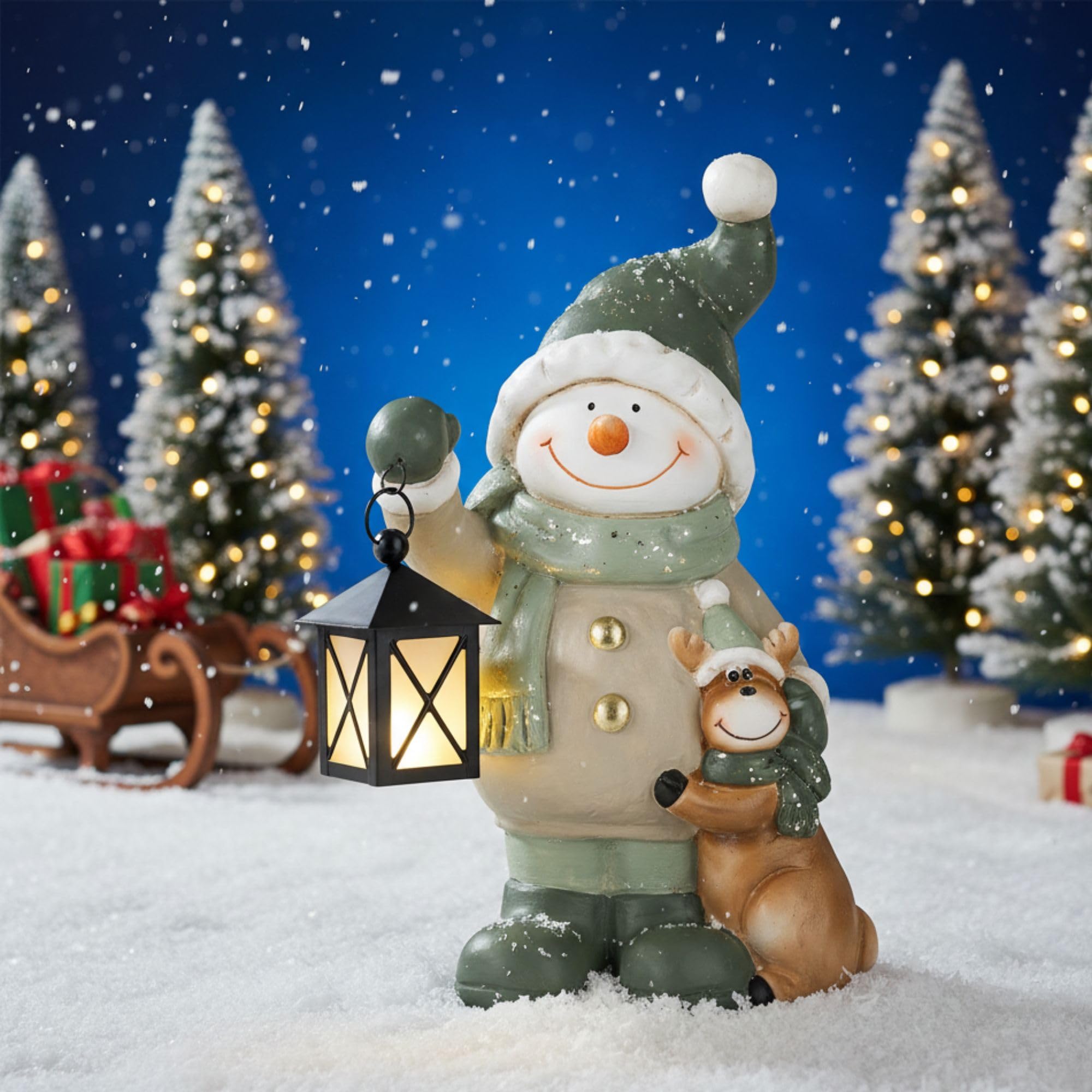 Weihnachtsdeko Figuren Groß 42cm Weihnachtsfiguren Beleuchtet Innen LED Figuren Weihnachten mit Timer Winterdeko Fensterbank Deko Figur mit Laterne Wohnzimmer Wichtel Elch Schneemann Santa Claus