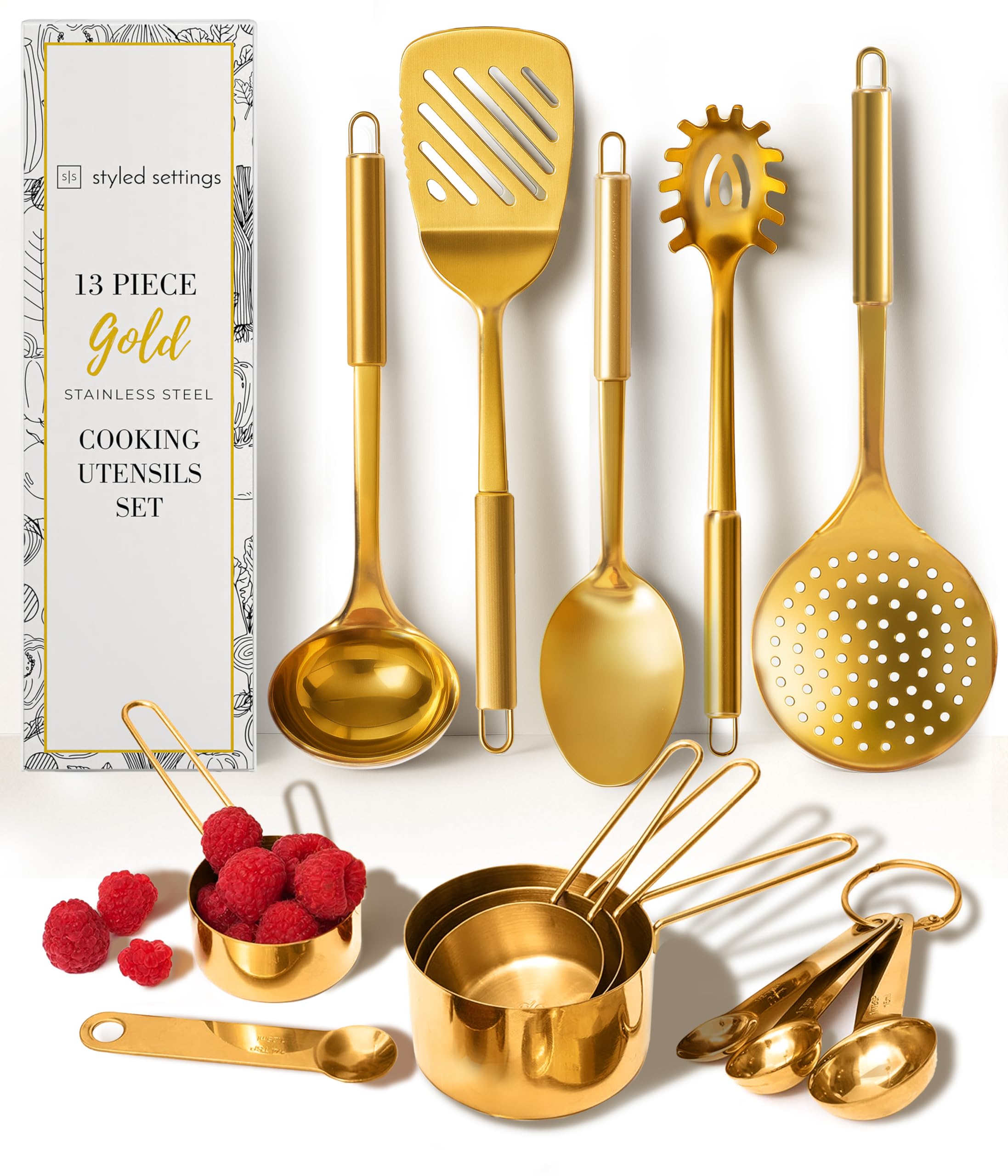Gold Cooking Utensils with Measuring Cups and Spoons Set - 13-Piece Luxury Gold Kitchen Accessories Includes Metal Measuring Cups and Spoons for Baking, Cooking, and Elegant Kitchen Decor