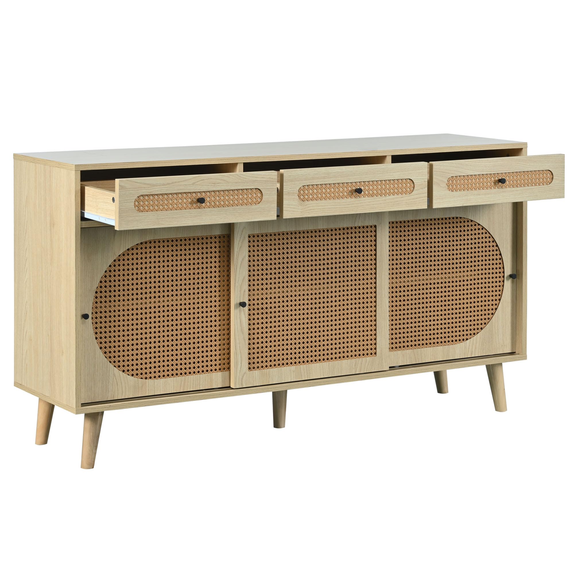 Azkoeesy Aparador de ratán de 140 cm con 3 cajones y puertas de ratán, mueble para TV, mueble buffet para salón, roble
