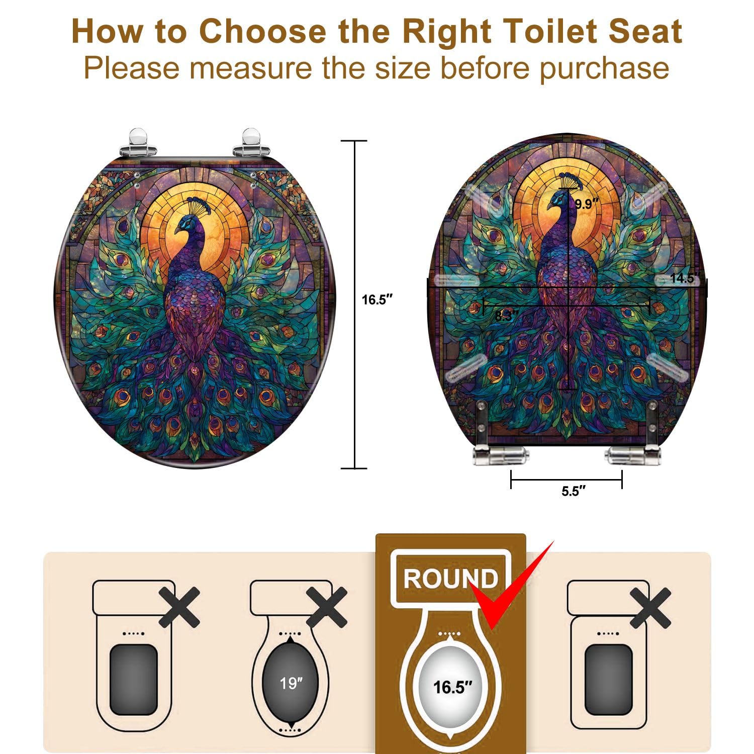 Sedile WC rotondo in resina decorativa di alta qualità, con maestosa decorazione effetto marmo e vetrata, cerniere a chiusura ammortizzata e sgancio rapido, paracolpi e coperchio, facile da installare