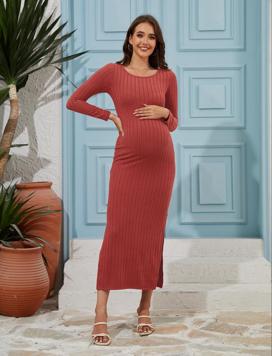 Women's Maternity Sweater Dress Ribbed Knit Long Sleeve Maxi Bodycon Dress Pregnancy Outfits - Image 2