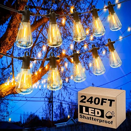 Guirnalda de luces para patio al aire libre, 240 pies LED con 120+4 bombillas Edison vintage ST38, luces colgantes impermeables conectables para