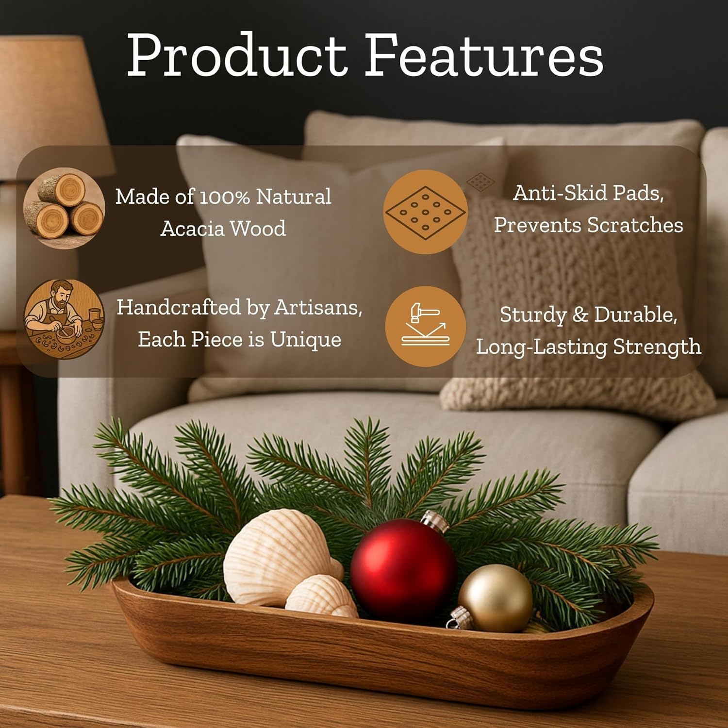 Mie Creations 16.5'' Large Wooden Dough Bowl for Decor, Farmhouse Decorative Centerpiece Oval Dough Bowls for Table | Handmade Long Acacia Wood Bowl, Rustic Thanksgiving Christmas Dining Decorations