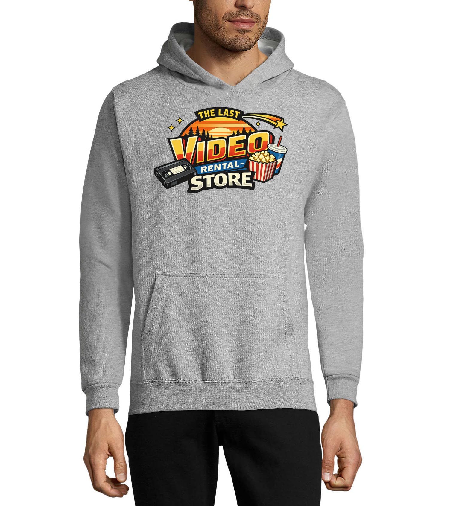 Sweat à capuche unisexe en coton mélangé d'inspiration rétro avec inscription « Last Video Rental Store » - Gris