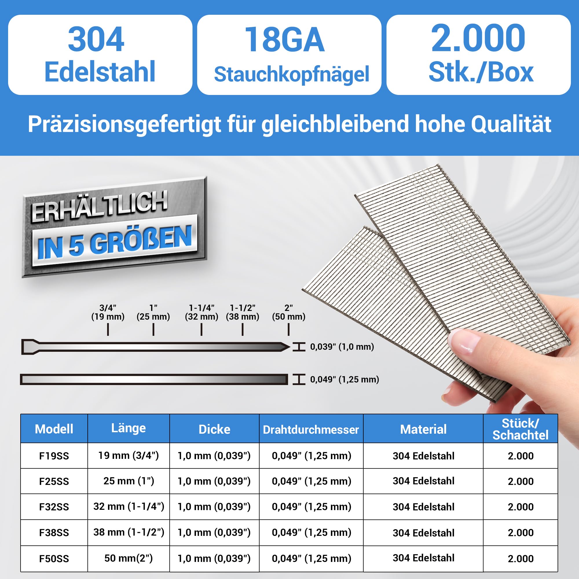 meite Edelstahl Stauchkopfnägel 18GA / 50 mm, Tackernägel 50 mm Edelstahl 304 18GA Nägel für Druckluftnagler und Elektrischer (2,000 Stück)