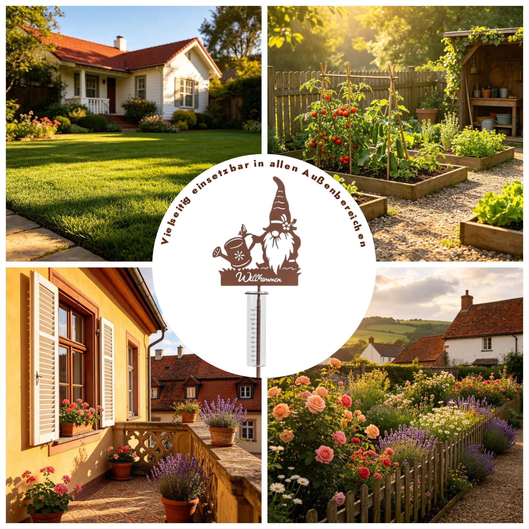 Regenmesser für Garten Dekorativer Niederschlagsmesser mit Erdspieß 100cm Hoch, Regenwassermesser Glas auf Gartenstecker, Willkommensschild & Zwerg Motiv