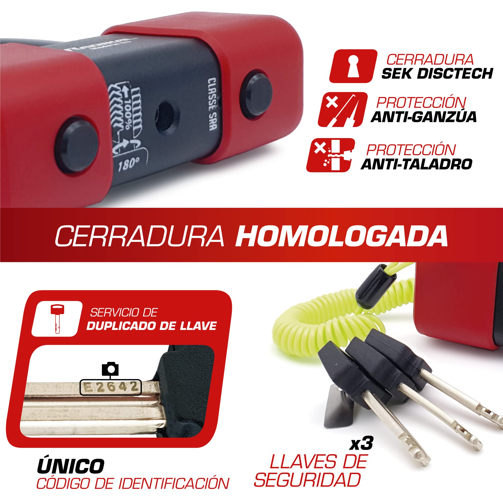 RADIKAL RK75 Candado Moto Disco Mini U Homologado SRA Premium, Más Disuasorio, Testado Brutalmente, Arco ø18mm de Acero Cementado, Doble Cierre, Cable Recordatorio, Bloqueo Antirrobo Cepo Disco Freno