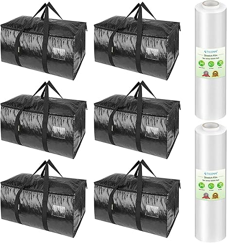 Paquete de 6 bolsas de mudanza de gran tamaño + 2 rollos de película elástica