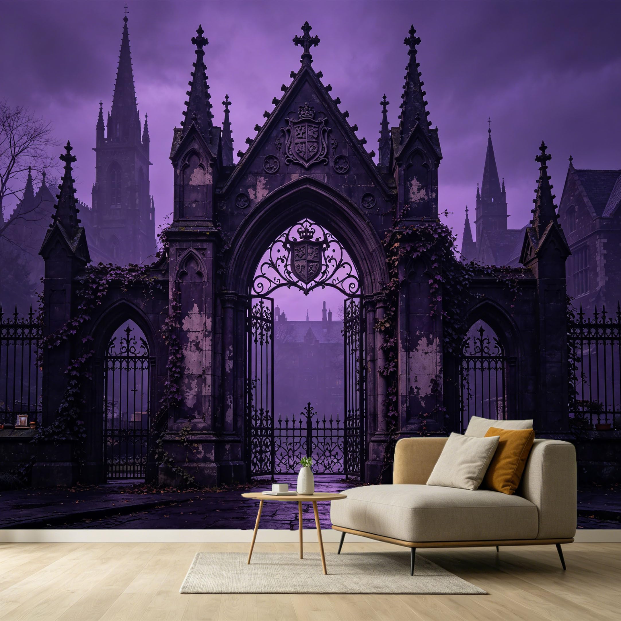 Custom Size Wall Murals Gothic Architecture Iron Gate Cathedral Silhouette Neoclassical Dark Purple SelfAdhesive Wall Fabric Removable Large Wallpaper for Photo Living Room