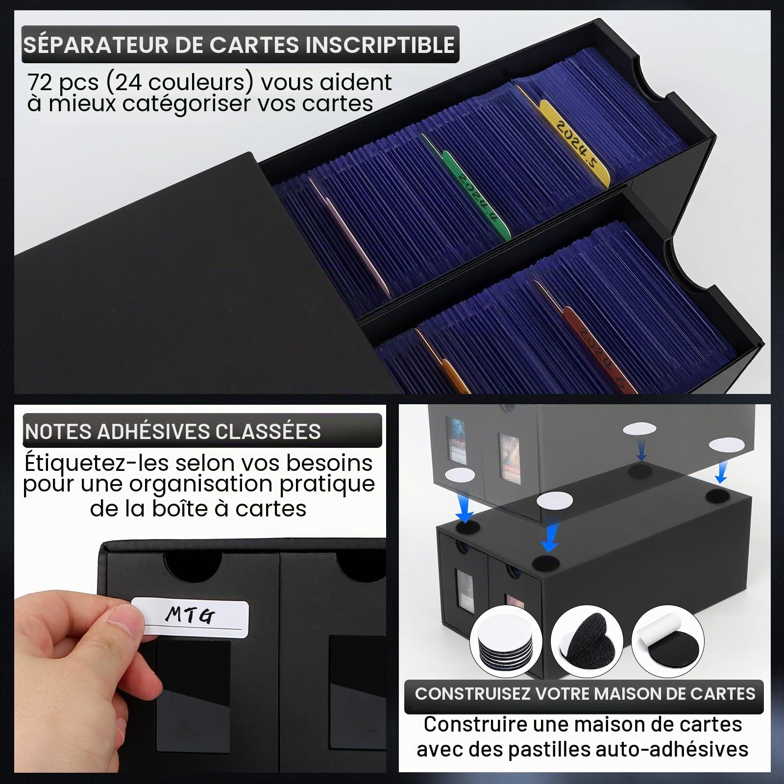 Boîte à Cartes Pour 11000+ Cartes, Boîtes de Rangement Pour Cartes à Collectionner Avec 72PCS Séparateurs,Etiquettes et Ruban Adhésif,Boîtes Magnétiques de Qualité Supérieure de Pour TCG Carte