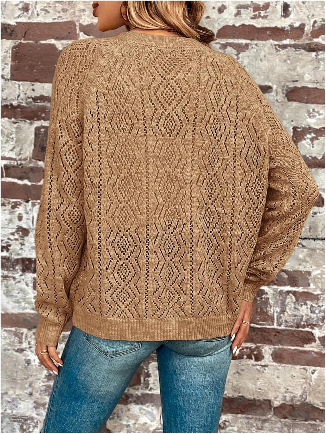 GORGLITTER Women's Crochet Cardigan Cozy Long Sleeve Button Up Lightweight Crew Neck Knit Sweaters Going Out Outfits - Image 2