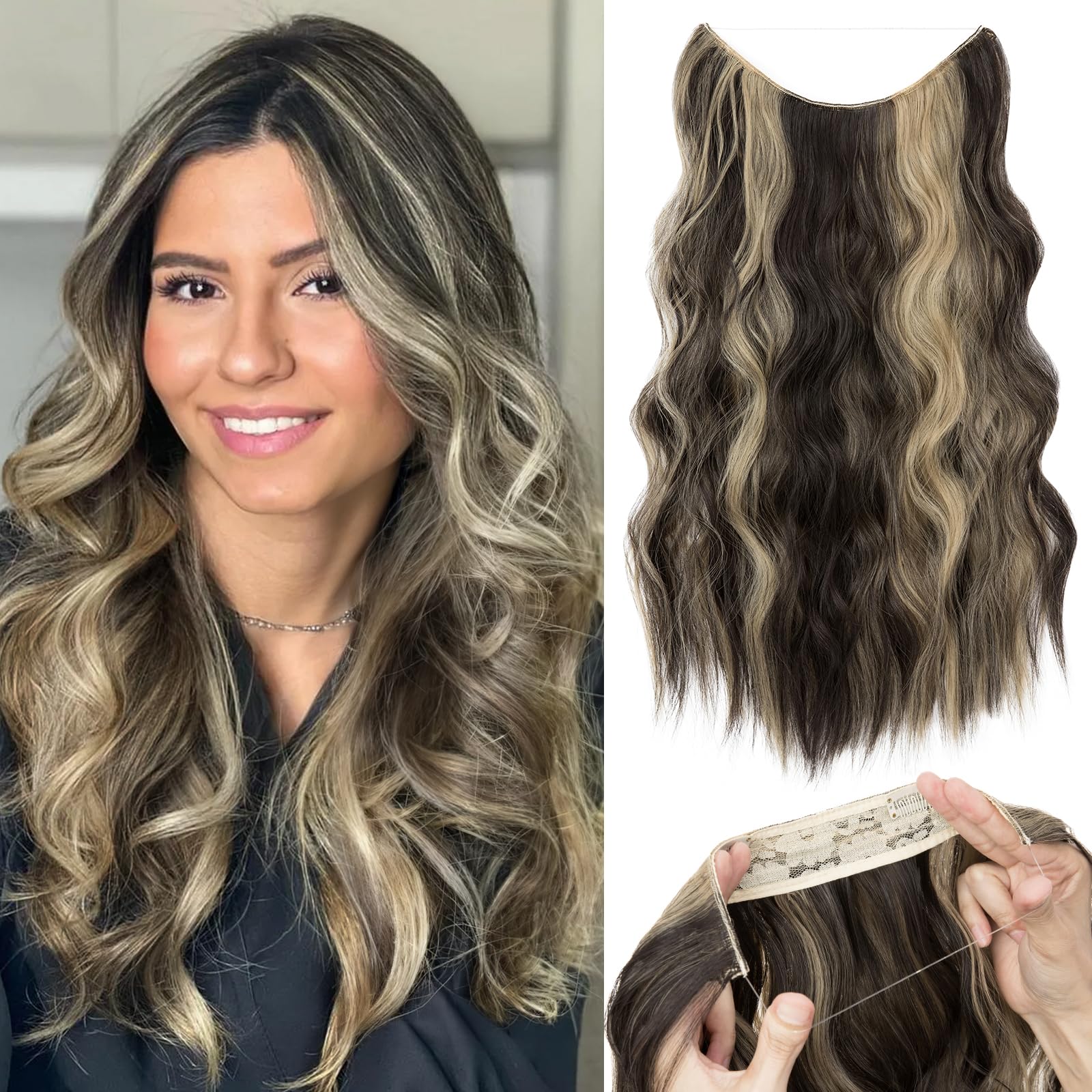 TESS Secret Wire Hair Extension Wavy Invisible One Piece Synthetic Hair Extensions Curly Full Thick Long Adjustable Hairpieces for Women (Dark Brown With Ash Blonde