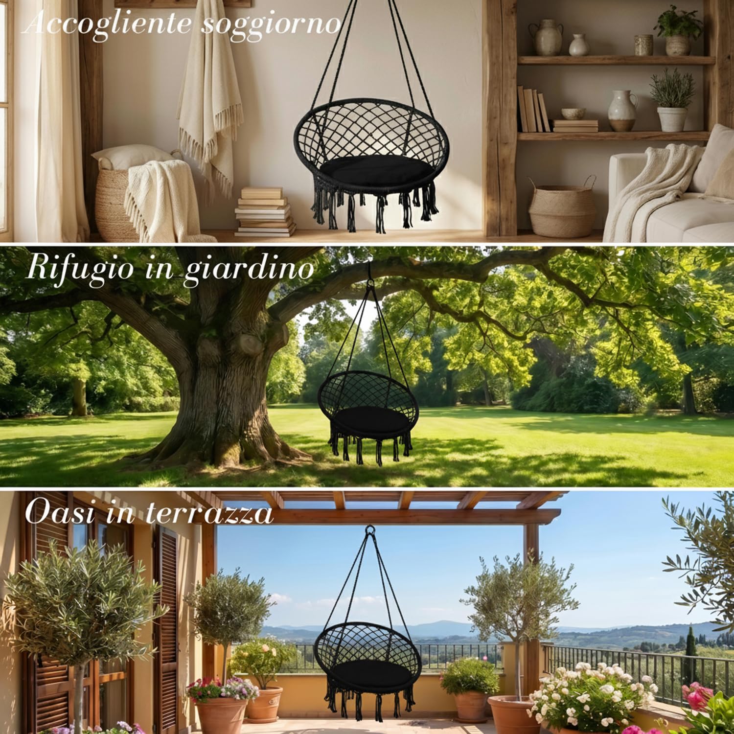 Marvin Poltrona sospesa da Giardino Polinesia Sedia a Dondolo Seduta Imbottita con Cuscino Amaca da Appendere 60x80 cm Tessuto Resistente (Nero)