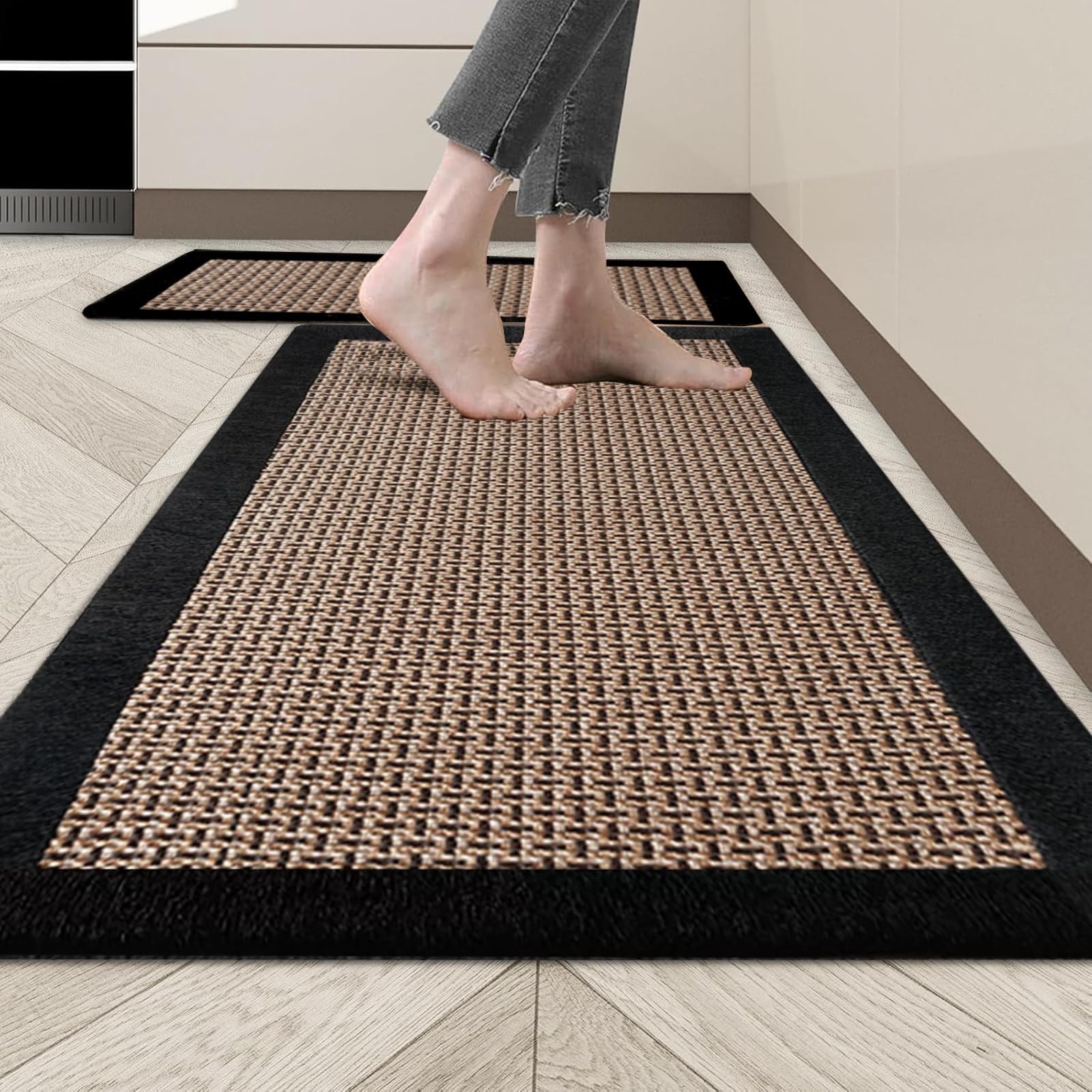 Tapis Cuisine Devant Evier, Tapis de Cuisine Lavable Antidérapant, Tapis Couloir en Coton et Lin Tissé, Tapis de Sol pour la Cuisine, Le Salon, Le Bureau (Noir, 50x120cm)