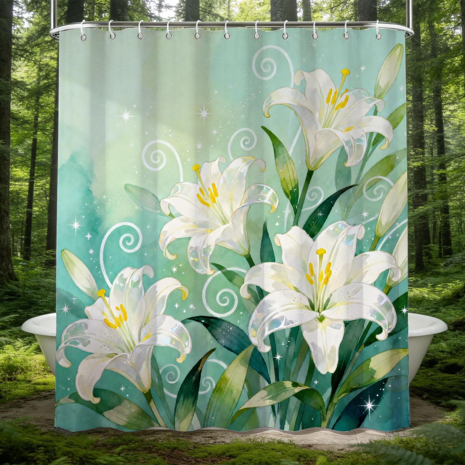 Hongduo 3D White Lily Shower Curtain for Stalls Bathtubs Watercolor Bathroom Decor Shower Curtain Set Polyester Fabric Waterproof 180x180cm/71X71 Inch with Hooks