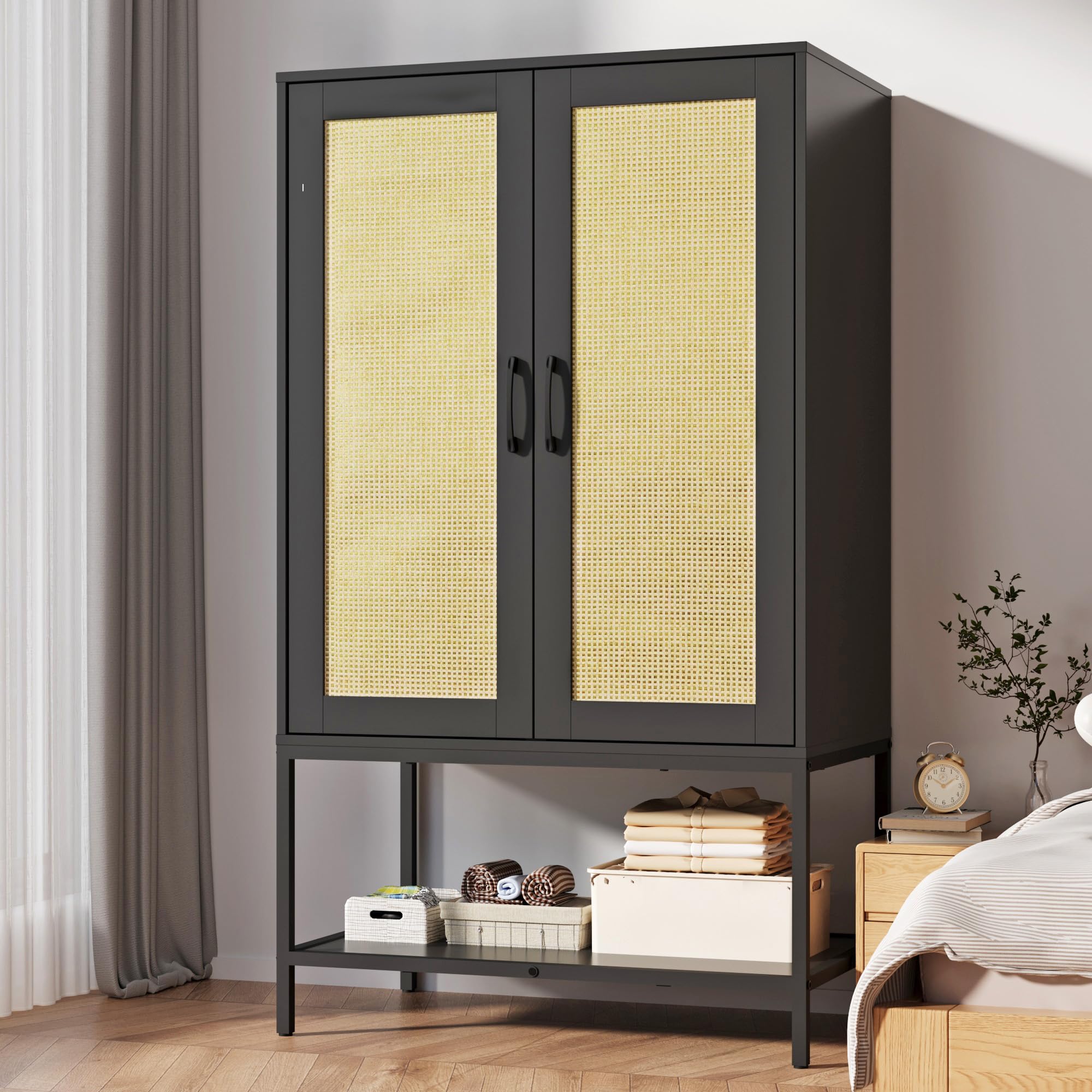 Gdchanyiyi Wardrobe, Wardrobes for bedroom with 2 Doors and Shelf, Rattan Wardrobe with Hanging Rail and Soft Close Hinges Storage Cabinet, Bohemian Bedroom Furniture (Black)