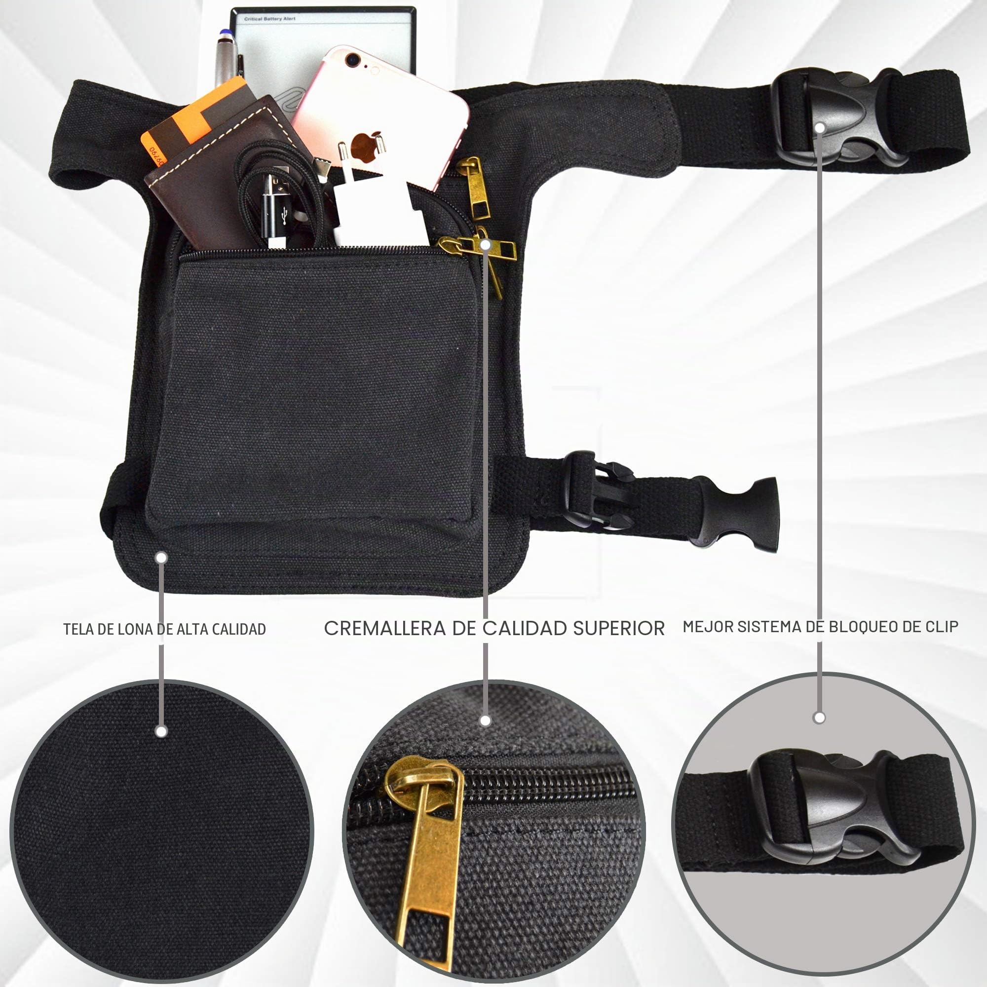 Riñonera Pierna Riñonera Lateral Pernera Moto Hippie con Cremallera, 3 Bolsillos y Doble Sujeción Unisex Negro Plomo
