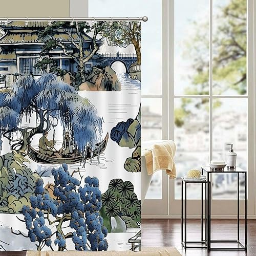 Miniatura 292 de Cortinas de ducha de baño con ganchos, 72 x 92 pulgadas, cortina de ducha de tela impermeable con diseño de flores y pájaros, cortina de ducha