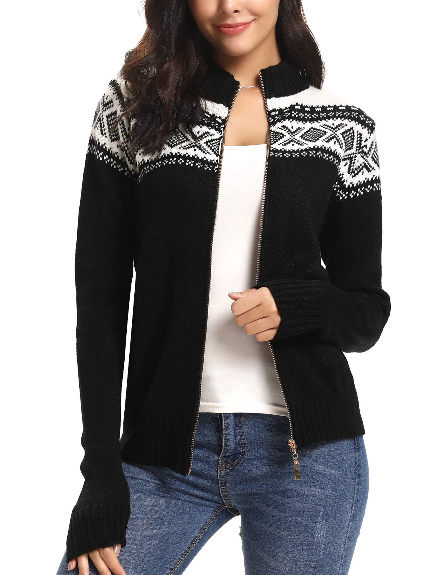 Sykooria Gilet Noël Femme Hiver Chaud Cardigan en Tricot à Glissière Manches Longues Sweater Imprimé Pull Veste Tricoté Chic | Manches longues, col montant, fermeture éclair, motif de Noël, look d'hiver chaud, fête de Noël, soirée de famille et loisirs
