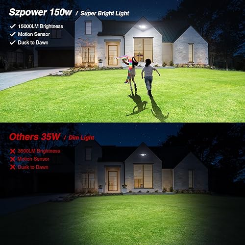 Miniatura 3 de Luces con sensor de movimiento de 150 W para exteriores, luces de inundación LED de 15000 lm para exteriores con cable del atardecer al amanecer,