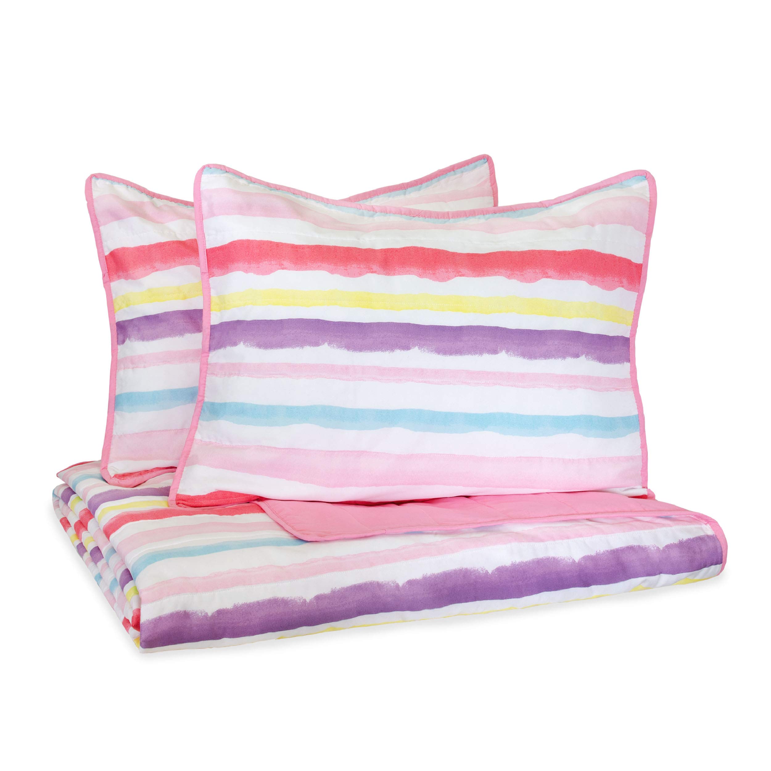 Waverly Quilt Bedding Set - Froot Loops Stripes 3 Piece Quilted Reversible Bedspread Coverlet Sets, Full, Pink