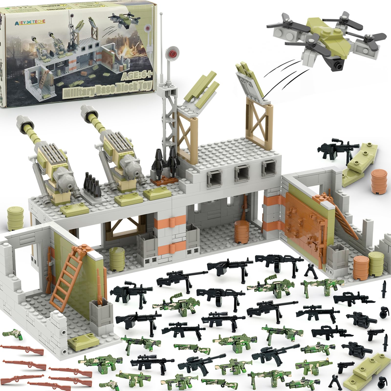 ALEYOOTECHE Military Base Building Toy Set Assemble to Different War Scenes, Gun Weapon Pack Accessories Kits for Army Minifigure Battle Building Game