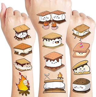 96PCS Smores Pre-Cut Temporary Tattoos Campfire Birthday Party Decorations Favors Supplies Camping Baby Shower Themed Stickers 8 Sheets Gifts for Kids Girls Boys Decor Class School (Normal)