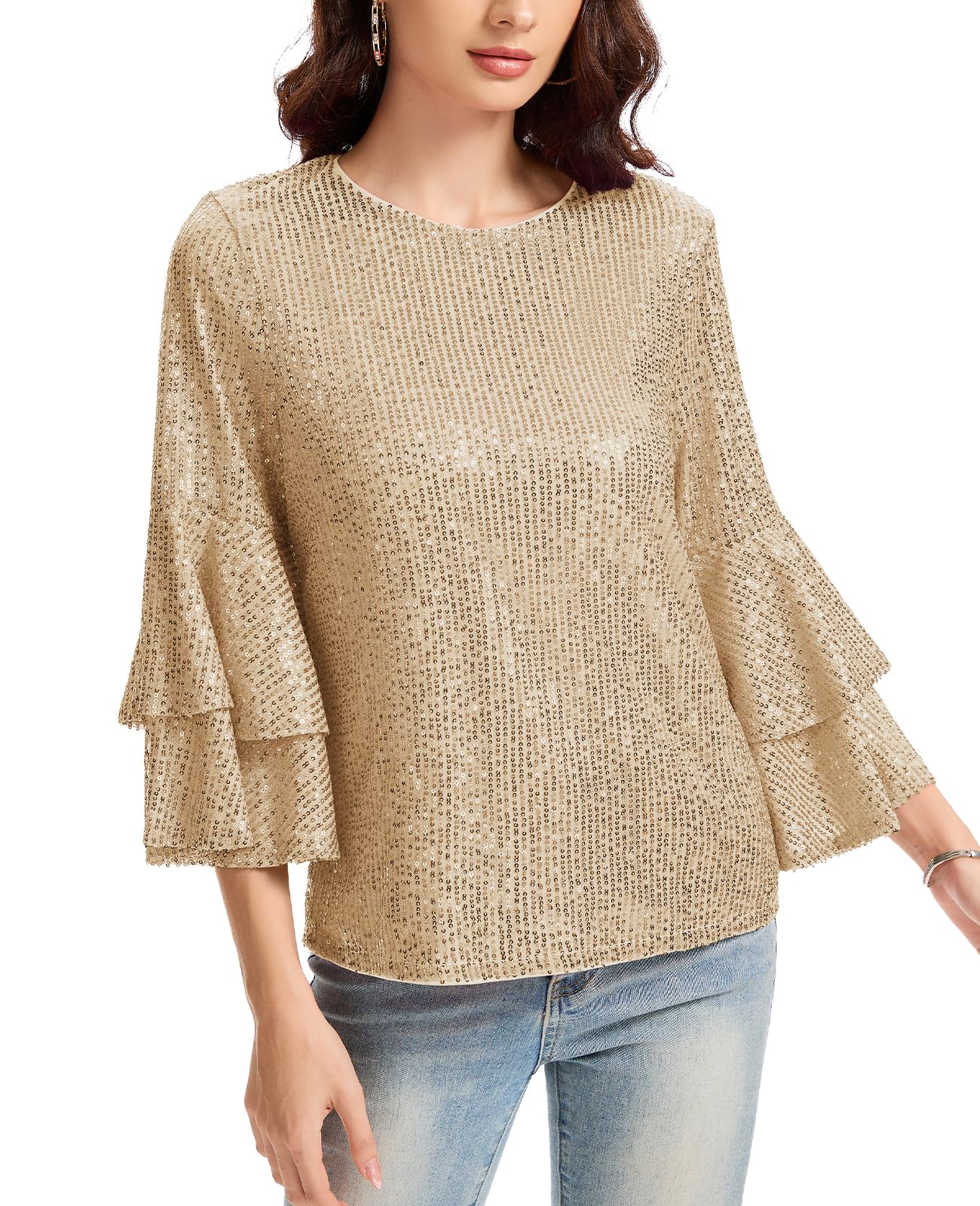 Haut à paillettes pour femme - Manches longues - Col rond - Pour les loisirs, les fêtes, les festivals