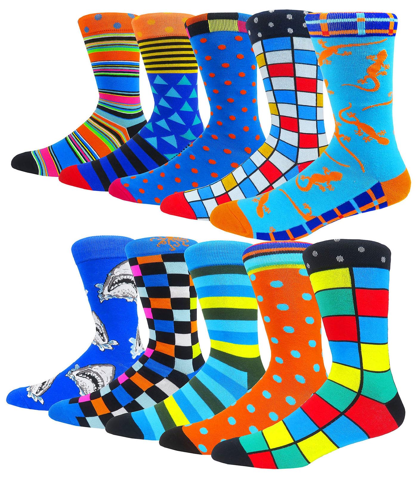 HIWEAR Mens Socks- Colorful Funky Novelty Design Rich Cotton,Men's Comfort Dress Calf Socks Multipack (Multicolor -10P)