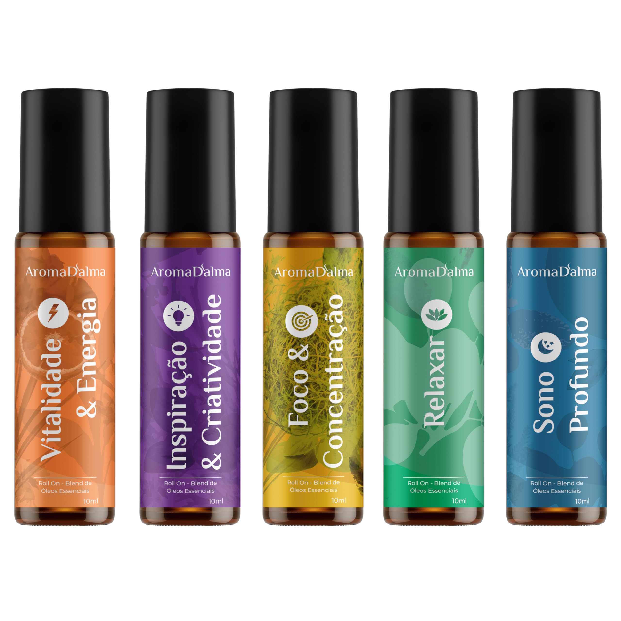 Kit Completo Blends Roll-On de Óleos Essenciais - 5 Blends Naturais Para Uso Diário e Noturno. Ideal Para Quem Busca Equilíbrio, Energia e Relaxamento - Aroma D’alma