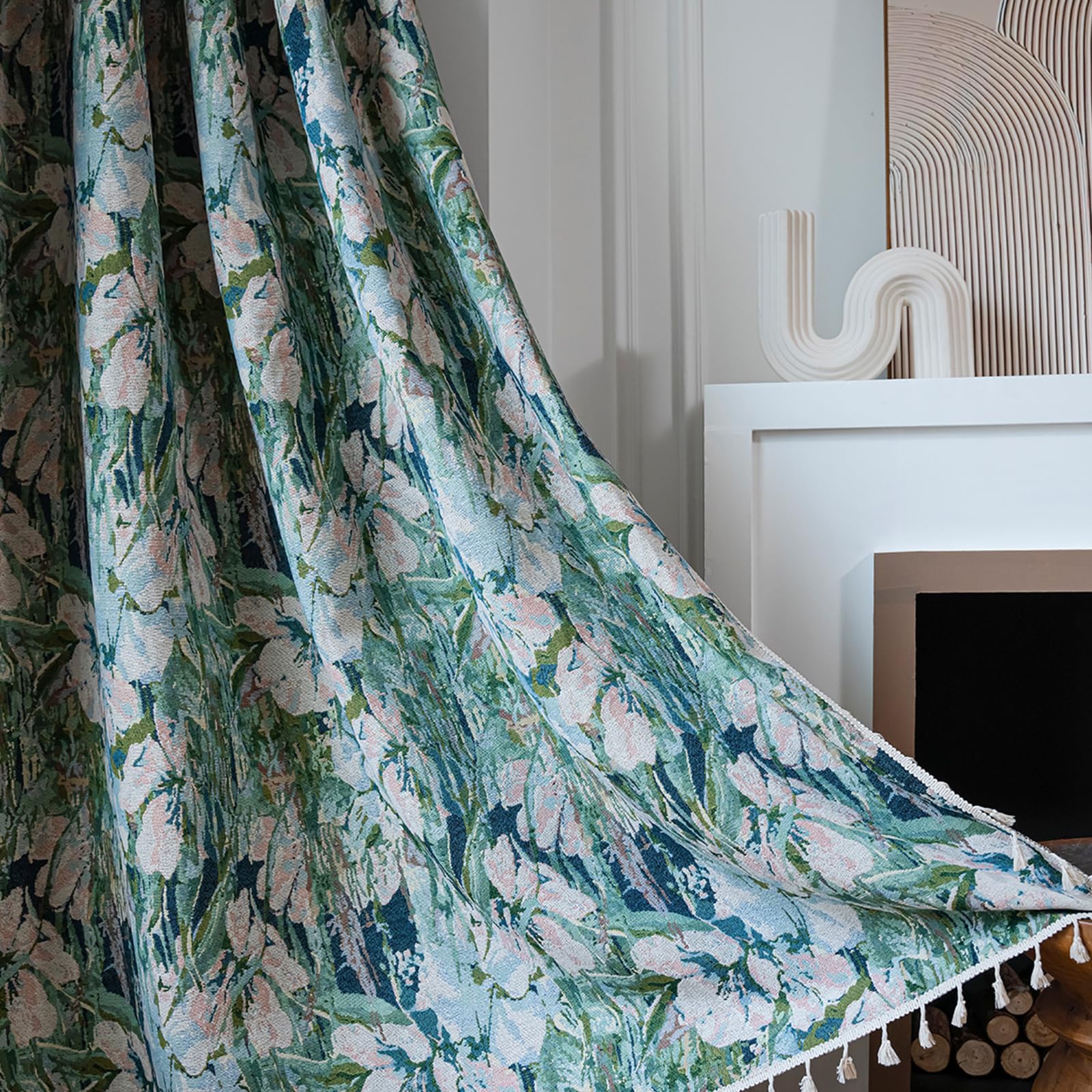 USTIDE Green Lotus Jacquard Curtain with Tassel Edge 150x160cm, Rod Pocket Semi Sheer Boho Window Treatment for Bedroom & Living Room 1 Panel โ image 1