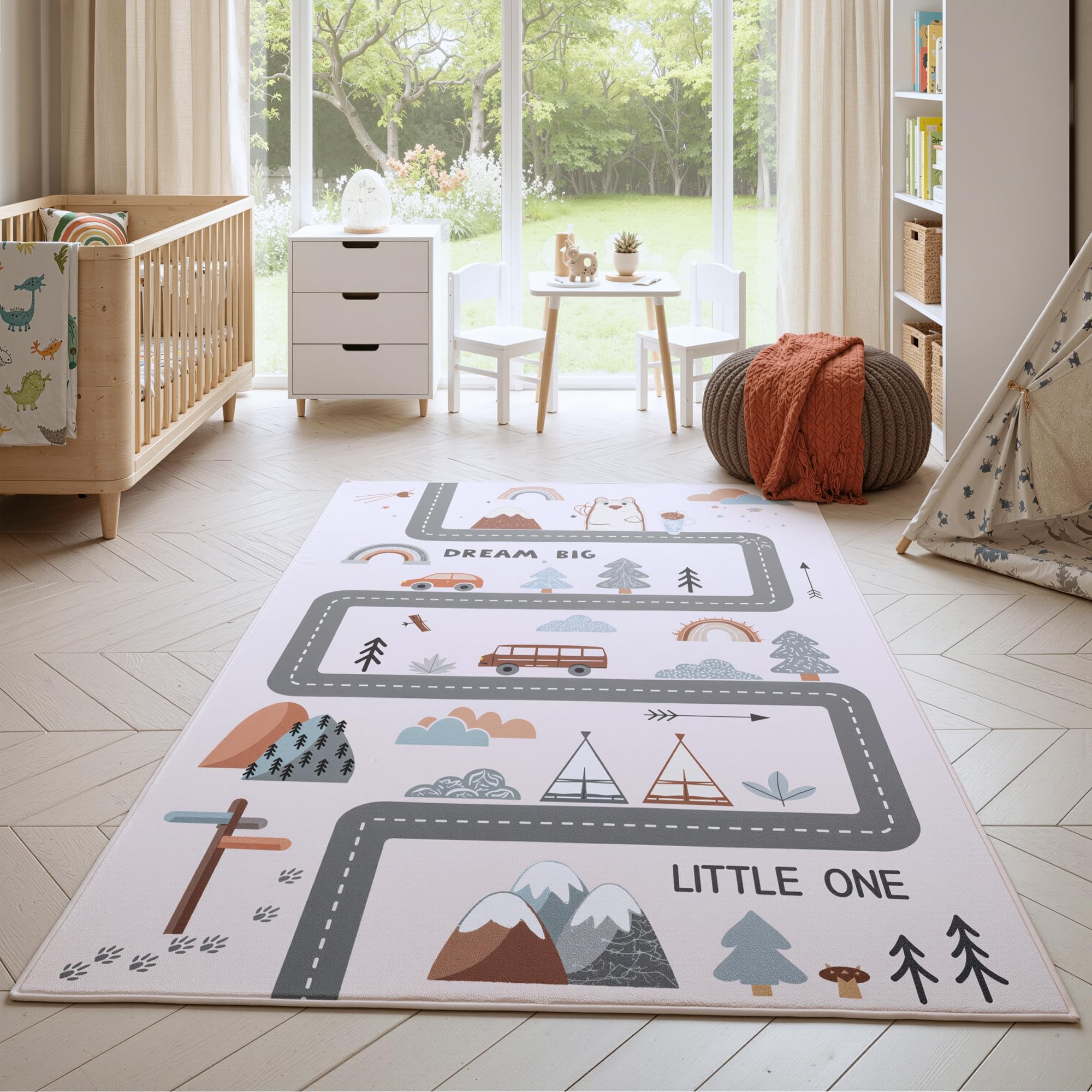 HomebyHome Kinderteppich Straße Spielteppich für Kinderzimmer in Creme mit Fahrzeug und Natur Motiv Größe 80x150 cm ideal für kleine Spielbereiche