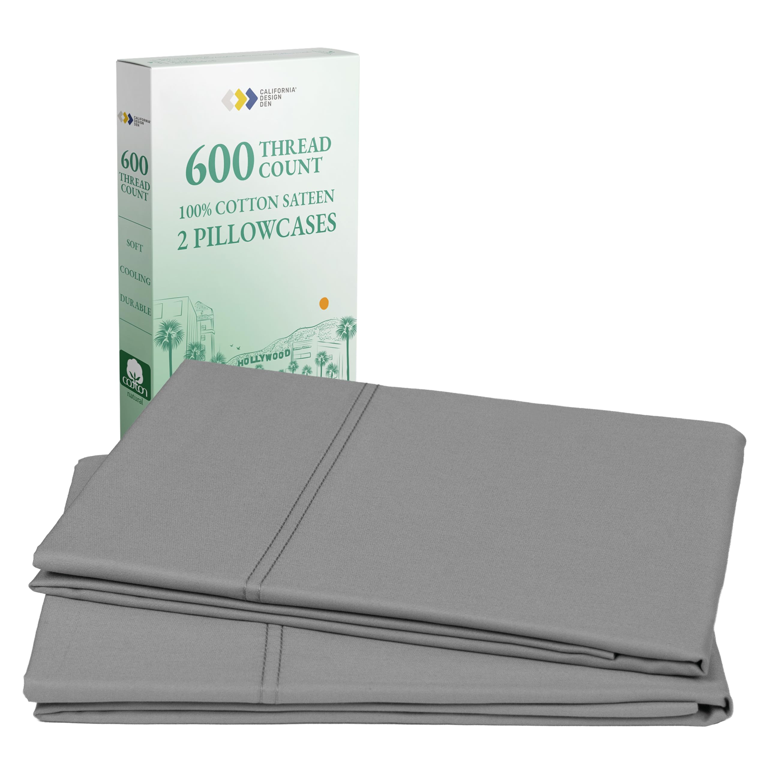 CALIFORNIA DESIGN DEN Luxuriously Soft Hotel Quality 600 Thread Count, 100% Cotton Set of 2 Cases, Crisp & Cool Dark Gray Pillow Cases Standard Fits Standard & Queen Pillows (Dark Gray)