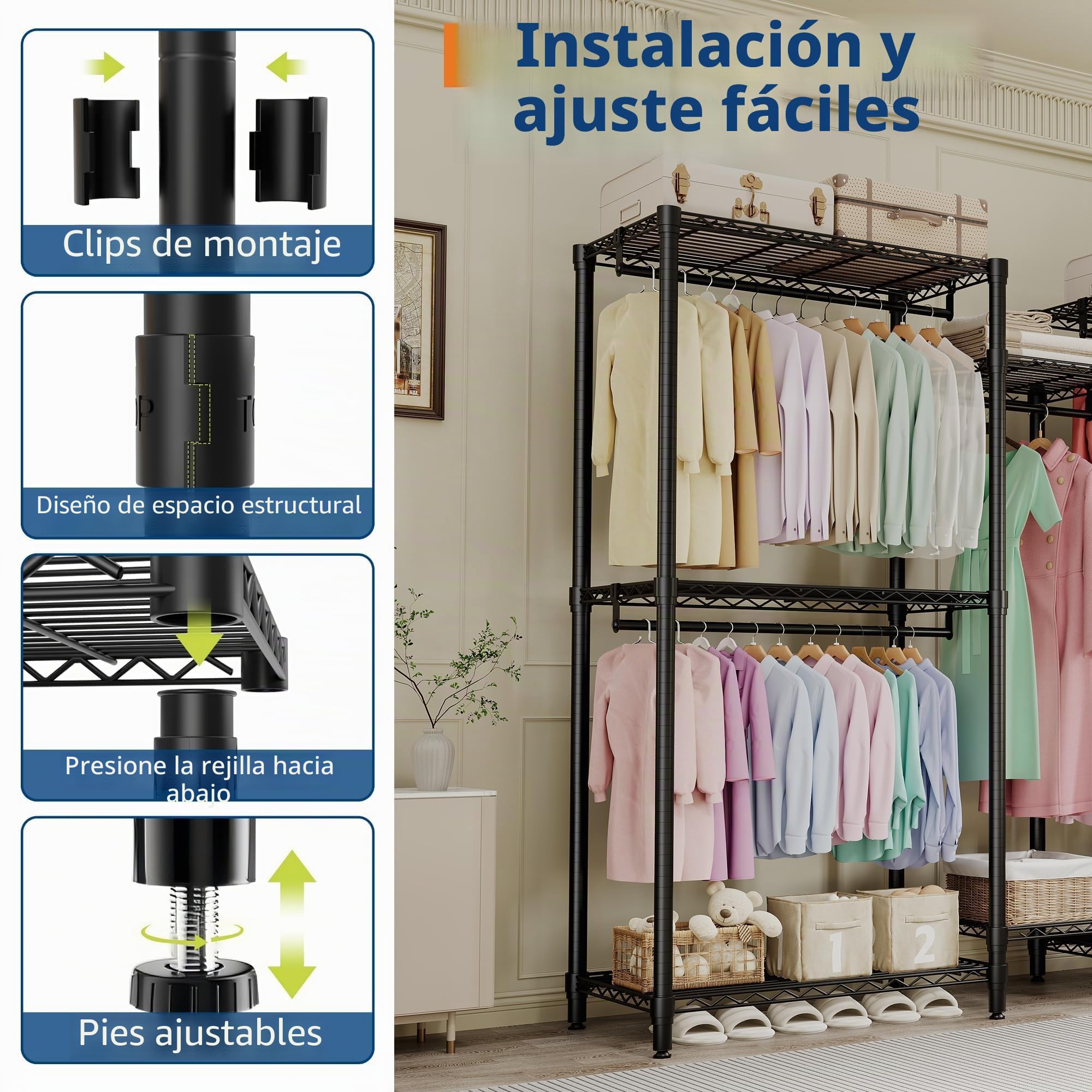Perchero de Ropa Resistente, Armario Vestidor con 3 Combinaciones, Niveles 3×2×3, Vestidor Profesional para Dormitorio de Adulto, Perchero de Dos Pisos, Negro 195×45×195cm