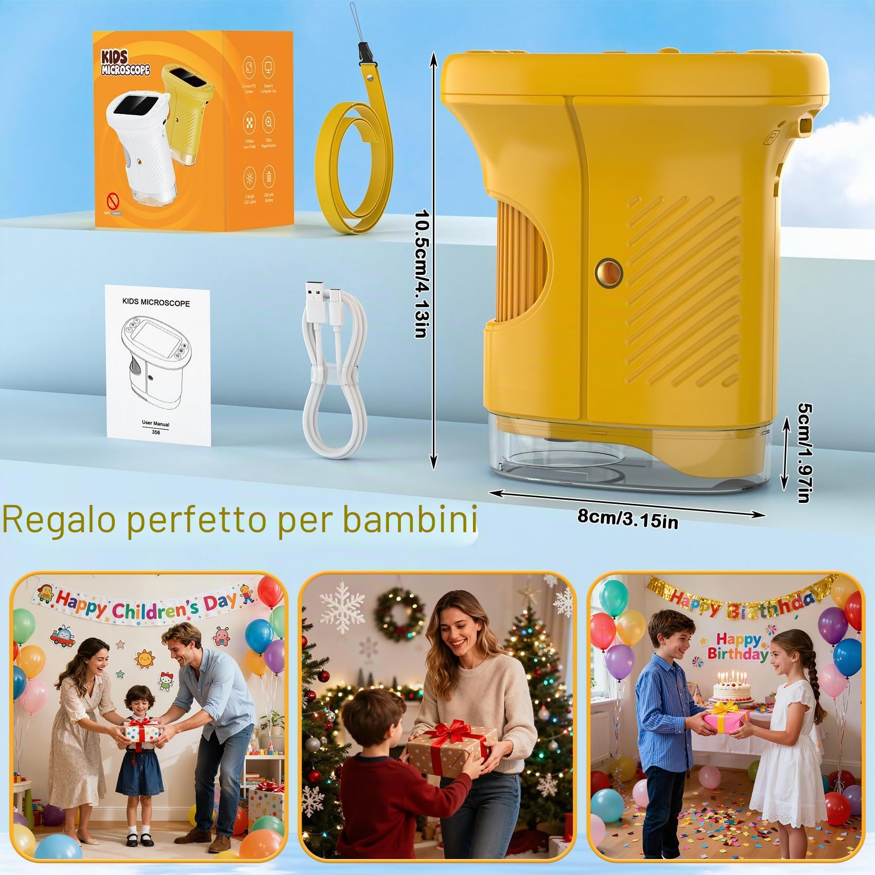 GlobalCrown Microscopio digitale tascabile,Microscopio bambini portatile 200x con schermo da 2,4 pollici,giocattolo per l'apprendimento scientifico per 3, 4, 5, 6, 7, 8, 9,10,11 anni ragazzi,ragazze
