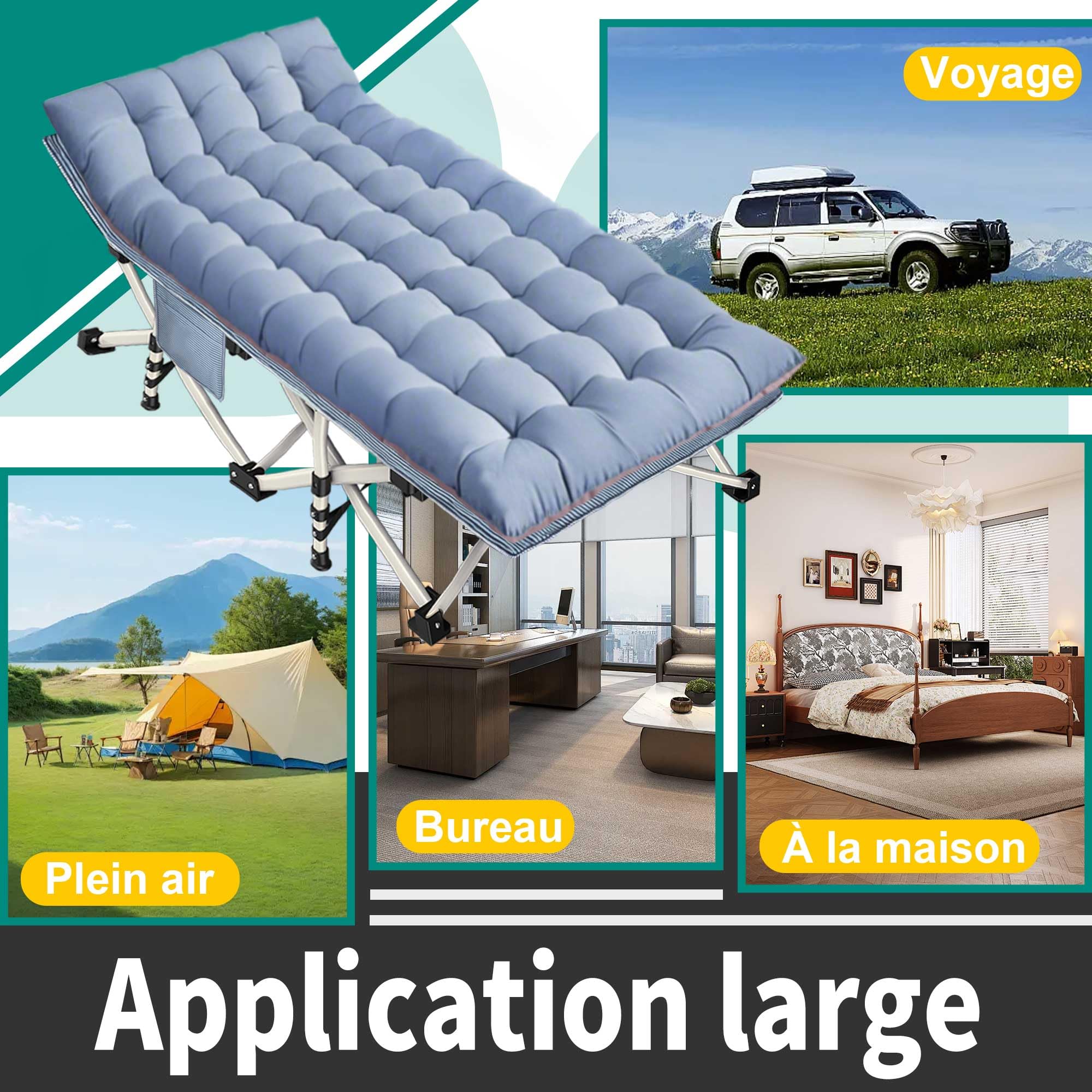 Lit de Camp Pliable XXL Extra Large 81 cm avec Matelas, pour Adultes, capacité de Charge 250 kg, avec Poche latérale, Chaise de Camping Portable, extérieur, Voyage, Jardin, intérieur