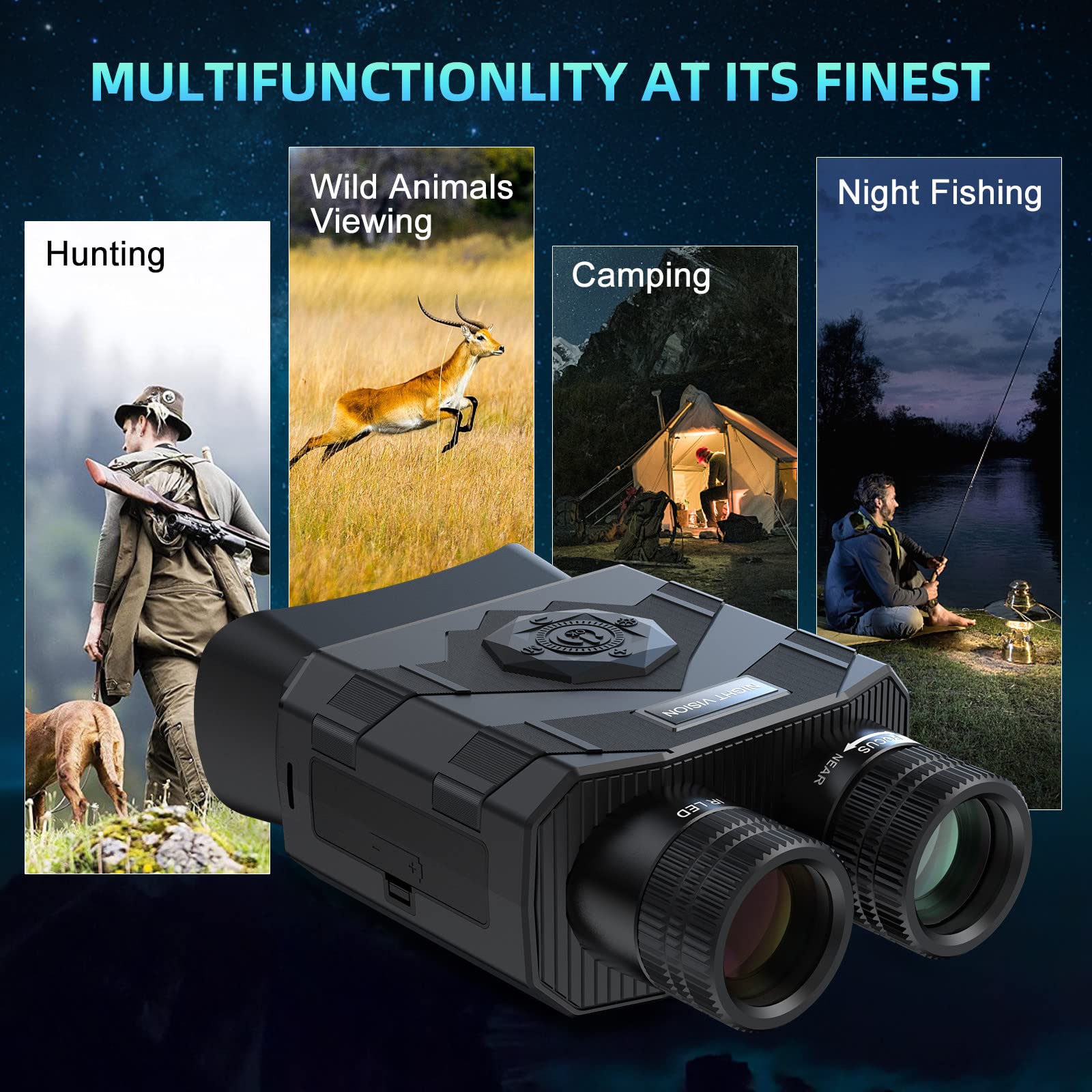 Profey Binoculares Visión Nocturna, 1080P Prismáticos de Infrarroja Digital Visor Nocturna Rango de 500M con LCD 3.5",Recargable y Zoom Digital 8X, Adecuado para la Caza, con 32GB