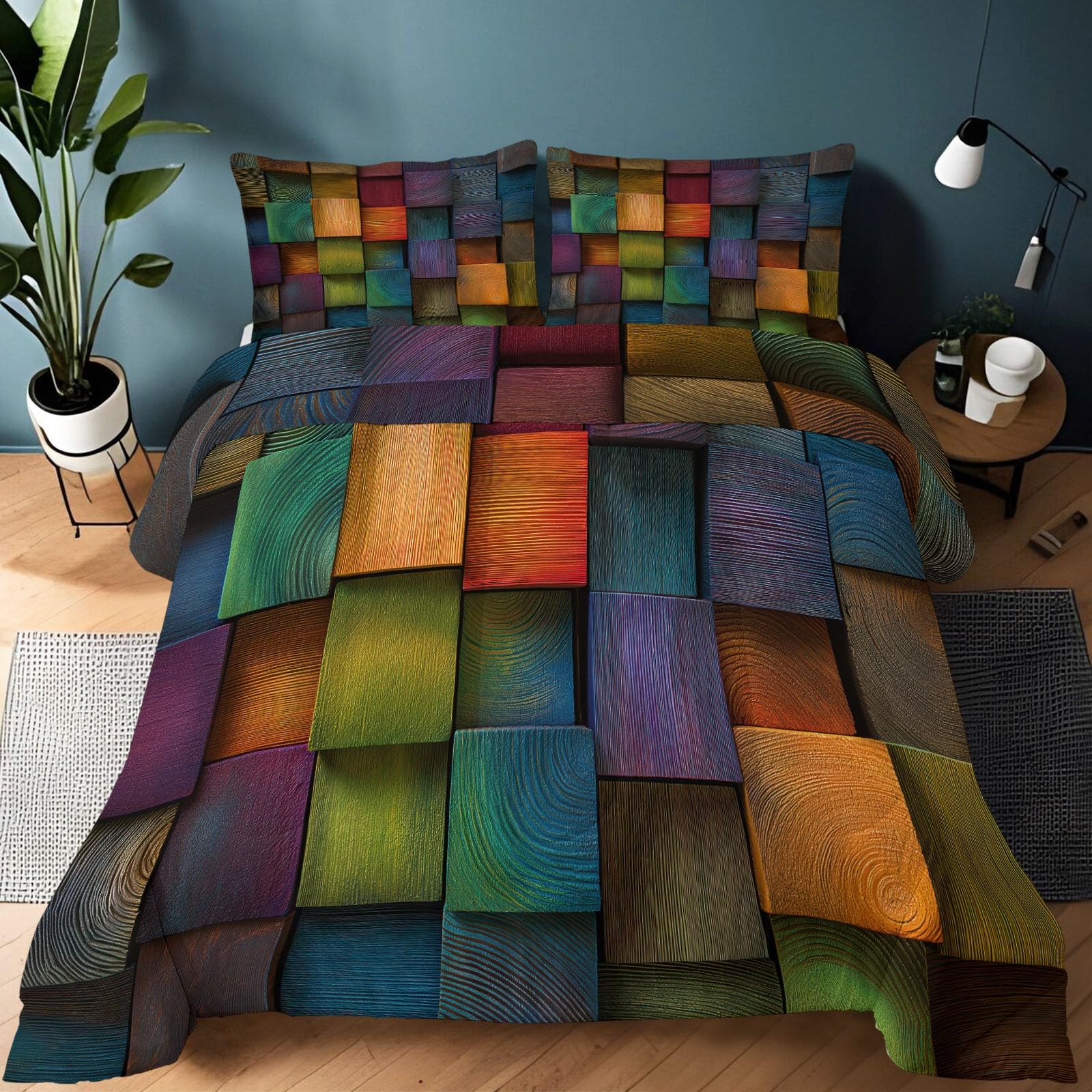 Kołdra 240 x 260 cm, na 4 pory roku, abstrakcyjne kolorowe drewniane klocki, dwustronna, wielokolorowa, ciepła i miękka, całoroczna, nadaje się do prania, dla alergików, z 2 poszewkami na poduszki